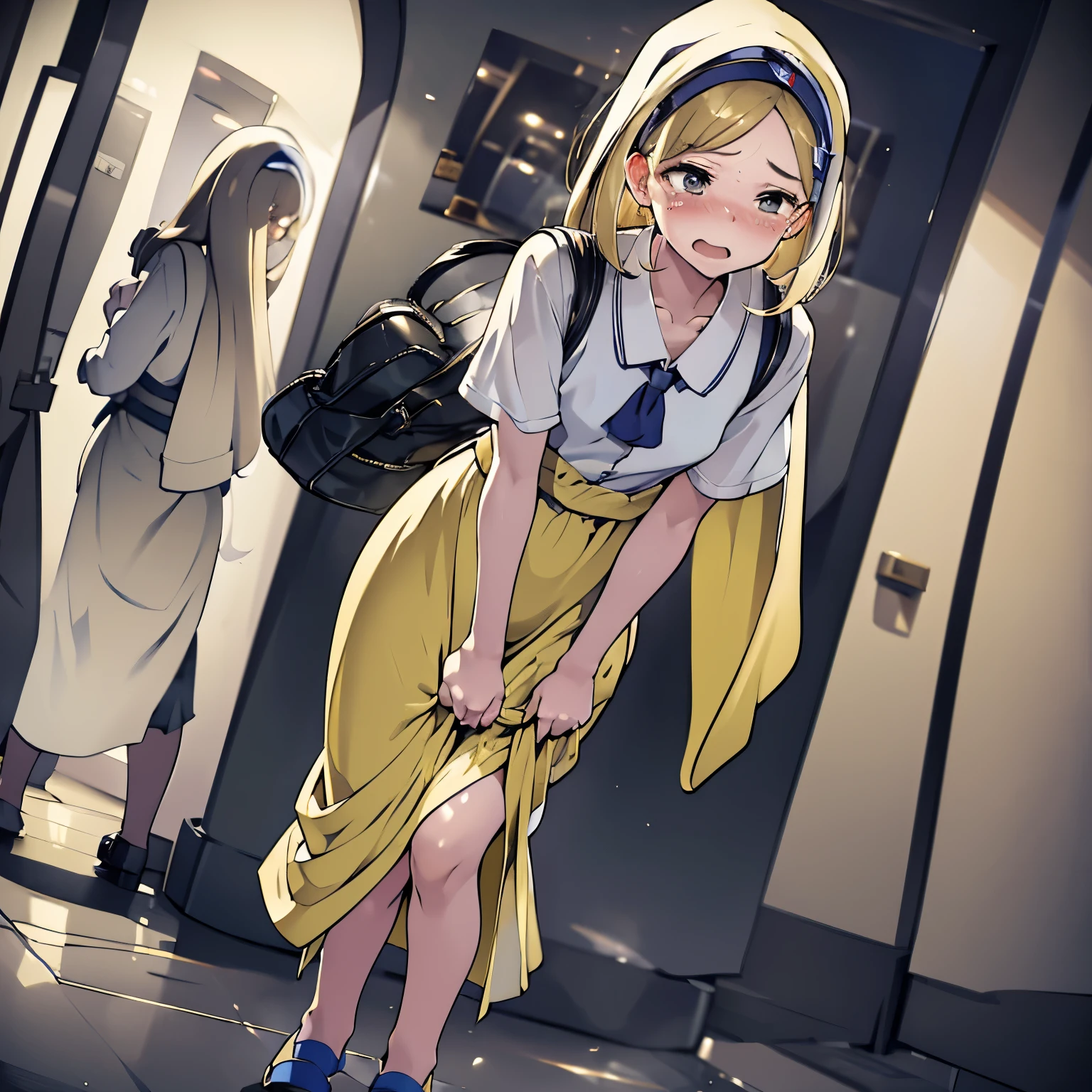 (1 girl, have to pee, peeing herself, peeing, peeing self, crying, very desperate to pee, have to pee, have to pee, peeing, peeing self, peeing, peeing self:1.3), (girl is waiting in line bathroom, maxi dress, long skirt, foot ware, foot ware, 1 handbag, have to pee, covering crotch, knees together and feet apart:1.8), (hand between legs, leaning forward:2), (shaded face, despairing, anxiety, crying, full face blush, embarrassed, looking away:1.5), (girl can't stand up straight:1.5), (full body), (detailed face, best quality:2), Slightly open mouth, (natural makeup), from side,