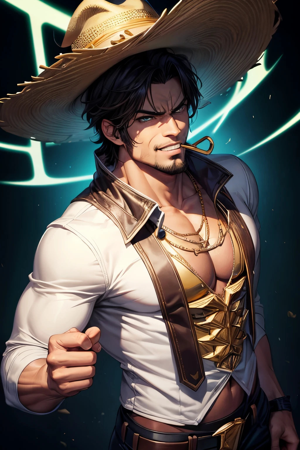 best quality, masterpiece, highres, 1guy, khaki dickies pants, sombrero, gold pinky ring, serious face with smirk, incredible hulk build, has lit cigar in mouth upon_body, tyndall effect, cartoon anime, dark studio, rim lighting, two tone lighting, (high detailed skin:1.2), soft lighting, high quality, volumetric lighting, high resolution, 4k, 8k,
