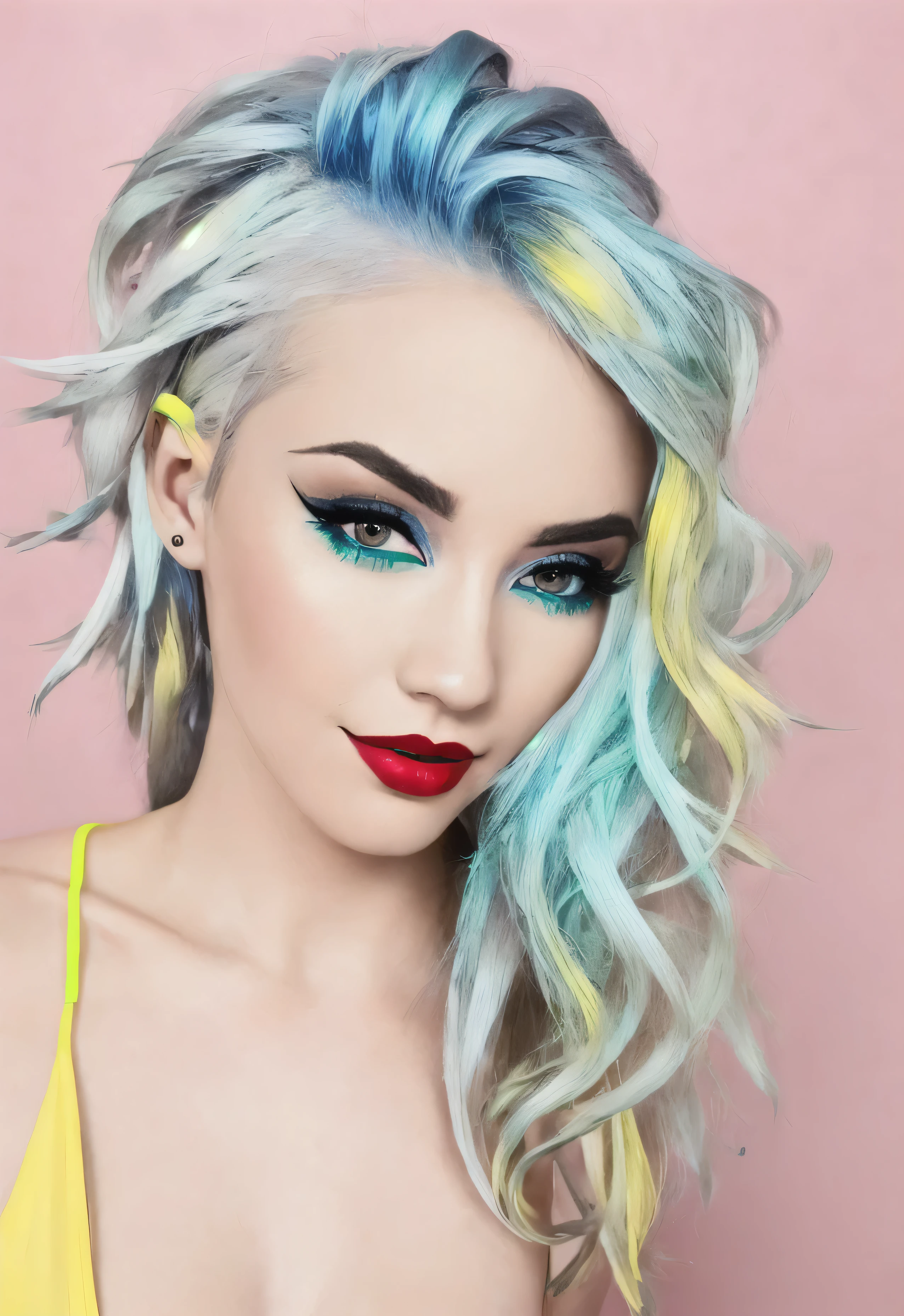 blonde woman with blue and yellow hair and bright makeup, brilliantly colored, pretty girl with blue hair, bright hair, yellow hair, turquoise hair, beautiful woman with blue hair, girl with blue hair, teal hair, brightly coloured hair, neon hair, vibrant hair, light yellow hair, colorful hair, sky blue highlights in hair, with blue hair, colored hair
