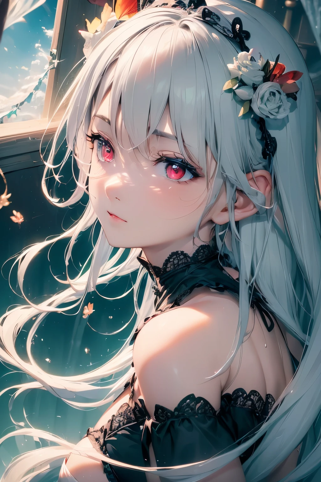 4K quality:1.2,1girl,sense of deps,disorganized,catch light,Super beautiful illustration,((black color,long hairstyles:1.3)),dark dark eyeshadow,(((4k,super beautiful,In detail,red eyes))),bright red lipstick,Gothic ****ta,;D,beautiful and delicate hair