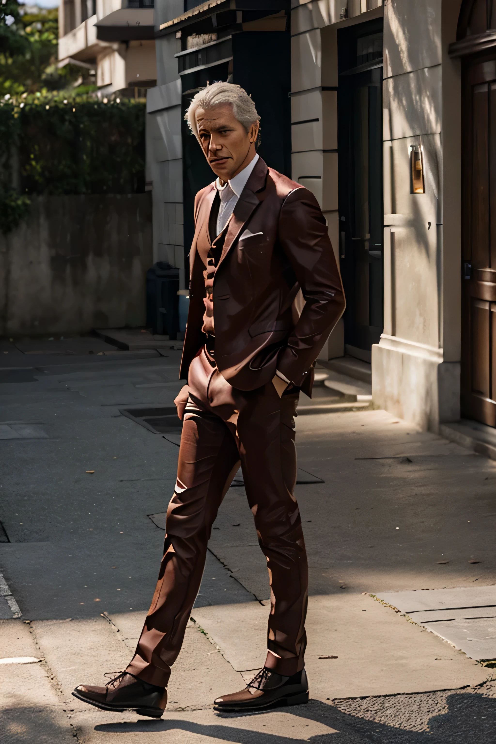 create realistic image --prompt "Gere uma imagem realista de Johnnie Walker andando, vestindo um traje vermelho. Certifique-se de capturar os detalhes faciais e corporais do personagem, bem como os movimentos fluidos de sua caminhada. Adjust lighting and shadows to create a convincing, realistic atmosphere."