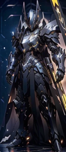 Alaphid knight in armor standing in dark room with sword, Black fire reflective armor, cyberpunk flame suit, Violent Skeleton Knight Black Armor, heavy metal armor, cybernetic flame armor, Black heavy armor, damaged armor, cybernetic fire armor, full body x-force clothing, Thick obsidian armor, Spiked scrap metal armor