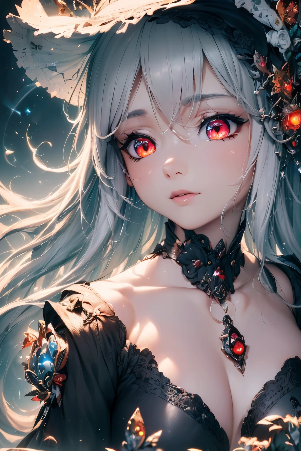 4K quality:1.2,1girl,sense of deps,disorganized,catch light,Super beautiful illustration,((black color,long hairstyles:1.3)),dark dark eyeshadow,(((4k,super beautiful,In detail,red eyes))),bright red lipstick,gothic lolita,;D,beautiful and delicate hair