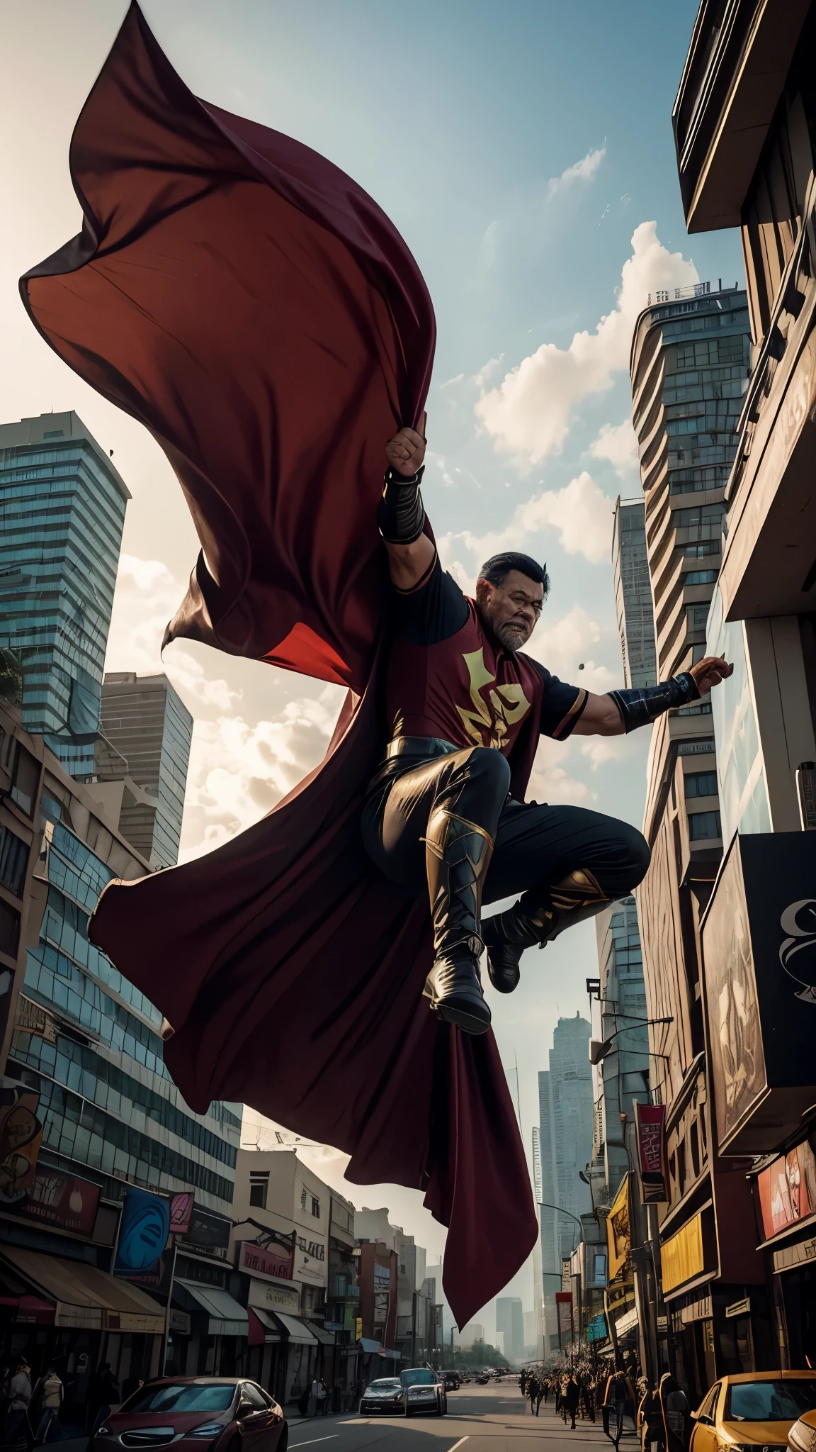 Picture a bustling cityscape where chaos ensues as a villain wreaks havoc. Suddenly, a Malay old man emerges, donning a traditional superhero costume with a modern twist. His cape billows behind him as he soars through the air, ready to confront the villain and protect the city from harm.