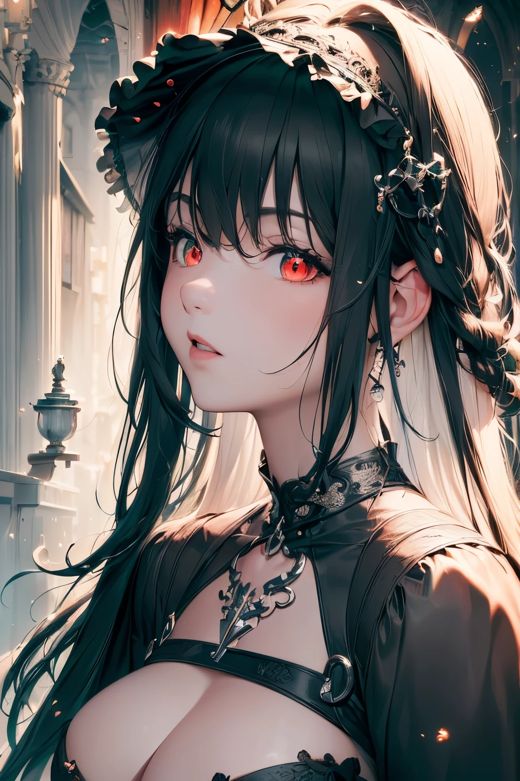 4K quality:1.2,1girl,sense of deps,disorganized,catch light,Super beautiful illustration,((black color,long hairstyles:1.3)),dark dark eyeshadow,(((4k,super beautiful,In detail,red eyes))),bright red lipstick,gothic lolita,;D,beautiful and delicate hair