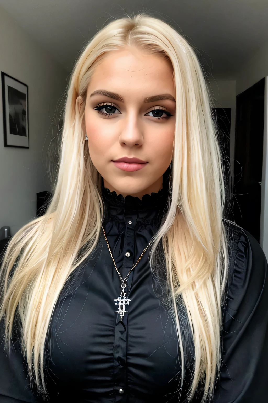 A 23 year old blonde woman, ((Big )), ((Hyperrealismus)) ,. blondes Haar mit hellbraunem Ansatz. blondes Haar, Haare mit braunen Wurzeln, extra langes Haar, sehr langes Haar, wirklich lange Haare, Nice, Vorderansicht, Selfie, foto mit sehr guter kamera aufgenommen, gothic style, tief geschnitten, good quality, Dekollete