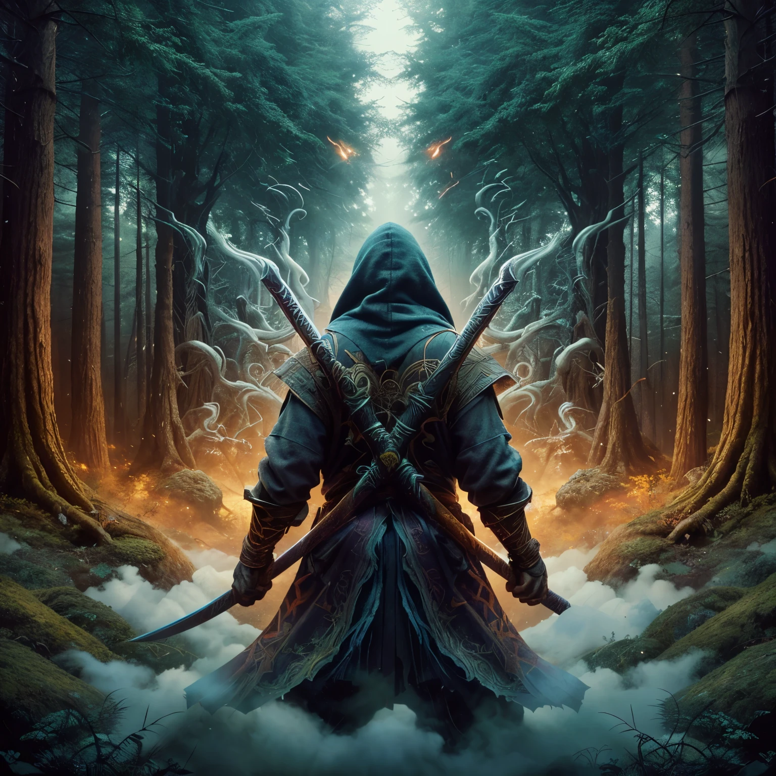 a man in a hoodedie with two swords standing in a forest, symmetrical epic fantasy art, epic fantasy digital art style, digital 2d fantasy art, epic fantasy art style hd, epic fantasy art style, detailed digital 2d fantasy art, dan mumford tom bagshaw, epic fantasy digital art, peter mohrbacher and dan mumford, detailed fantasy digital art