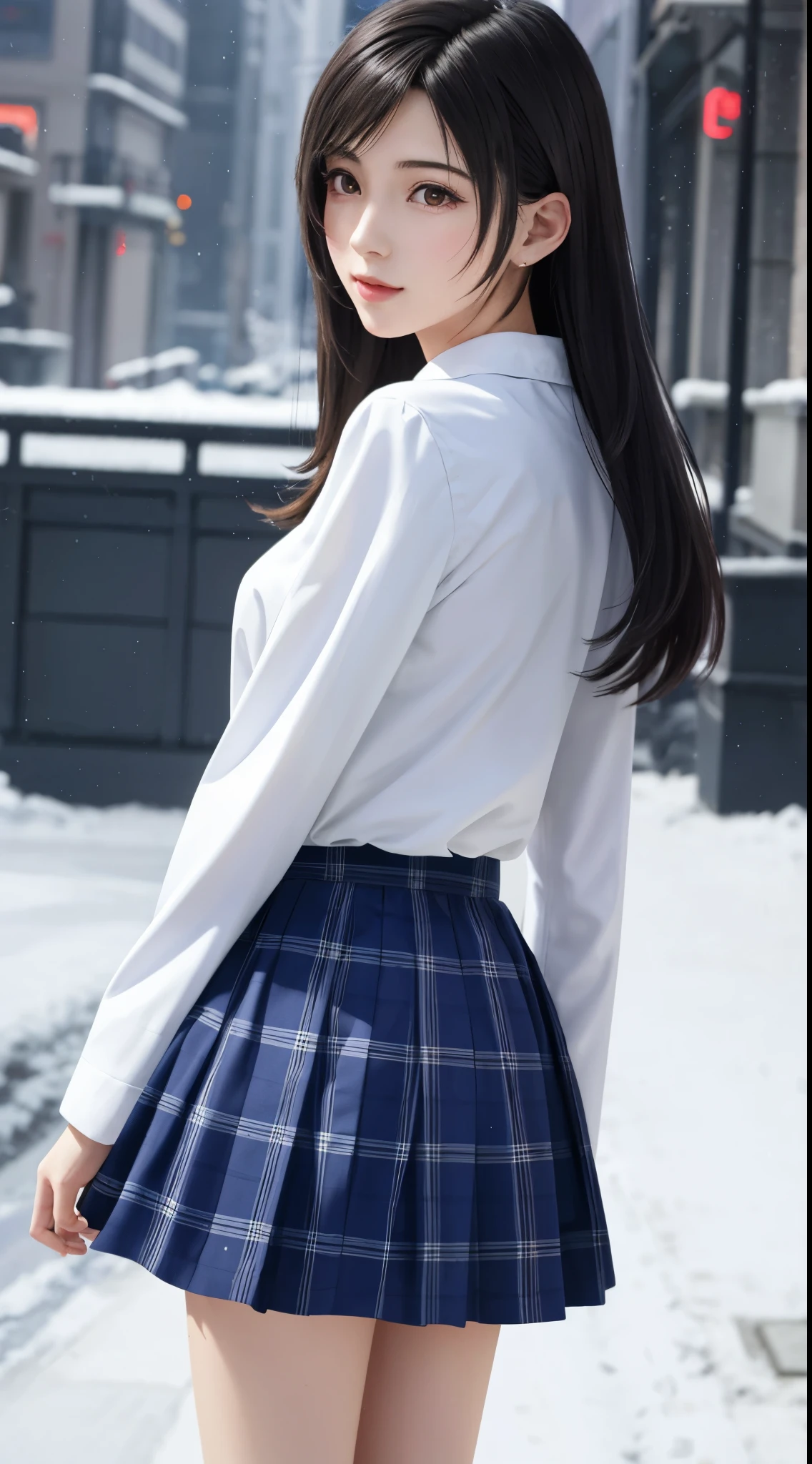 {top quality, masterpiece},{{{Realistic, photo Realistic}}},wallpapers, BREAK (((FF7,Tifa_lockhart))),{{{Japanese JK uniform, Navy Blue blazer, school shirt, long-sleeved, Navy Blue Plaid Pleated mini-Skirt, white short socks, loafers}}},{{from side, back hair}},{{background big city, Shibuya, hard snow, neon}},Cinematic lighting, city light at night,{{gravure pose, Nogizaka idol}},Ultra-detailed face, Detailed eyes, Red eyes, BREAK (((FF7,Tifa_lockhart))),{black brown hair, Large breasts}, BREAK , About 18 years old, kawaii, sensual, looking at viewer, Beautiful legs, walking ,Heavy snow, {In the snow, Snow falls},no make-up