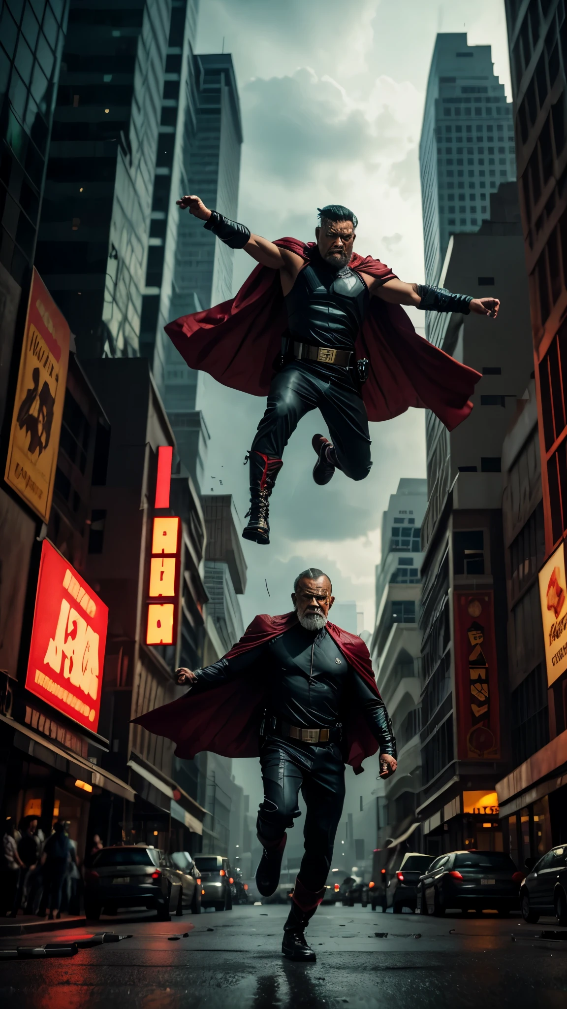 Picture a bustling cityscape where chaos ensues as a villain wreaks havoc. Suddenly, a Malay old man emerges, donning a traditional superhero costume with a modern twist. His cape billows behind him as he soars through the air, ready to confront the villain and protect the city from harm, 28mm lense, Establishing shot, muted color grading, cinemascope cinematography, a thriller film style, high quality, ultra detail, 8k resolution