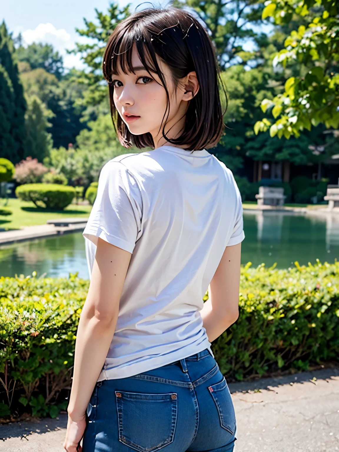 top-quality,.masterpiece,Raw photography,8K,Top image quality,Top resolution,Beautiful face in every detail,Very detailed,Gentle expression,One lady,realisitic,photo realisitic,Bery short hair,Beautuful Women,cute Japanese girls,mannish,Pretty Woman,Her eyes are big,20-year-old beauty,her face is small,small head,long neck,pale skin,With bangs,eight heads tall,Sweat , wet,face focus , from behind , looking back , skinny body ,t-shirts , shirt lift,jeans ,low rise pants ,back focus ,put one's hand inside her jeans,