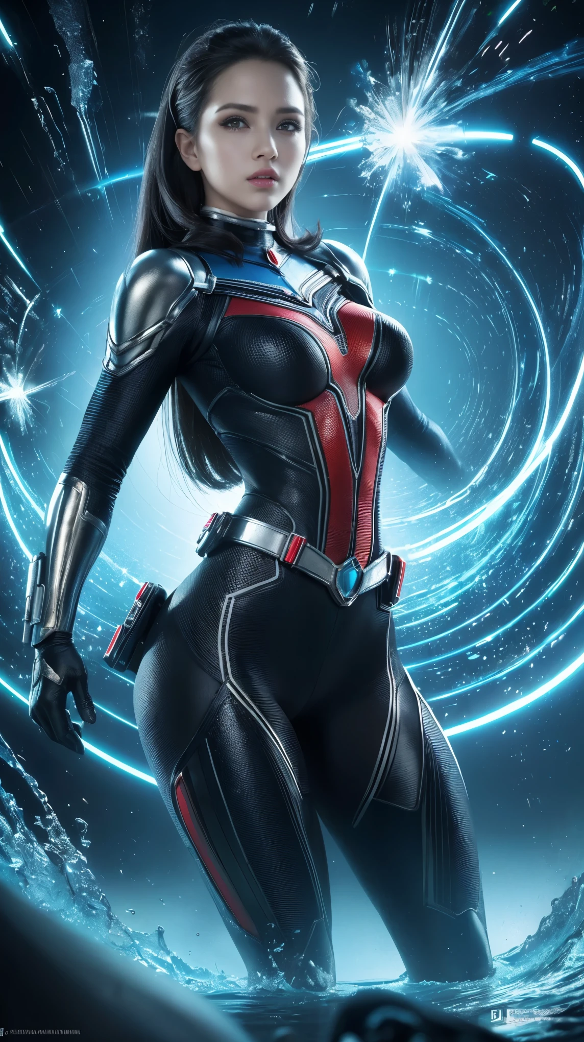((mejor calidad)), ((obra maestra)), (detallado: 1.4), ..3D, una imagen de una hermosa mujer ojos azules con traje de Ant-man con cabello grueso Pechos grandes con disparos y cola grande y voluminoso, light particules, Pure energy, caos, antitech, HDR (High Dymanic Range), Trazado de rayos ,NVIDIA RTX, Super-Resolutio
