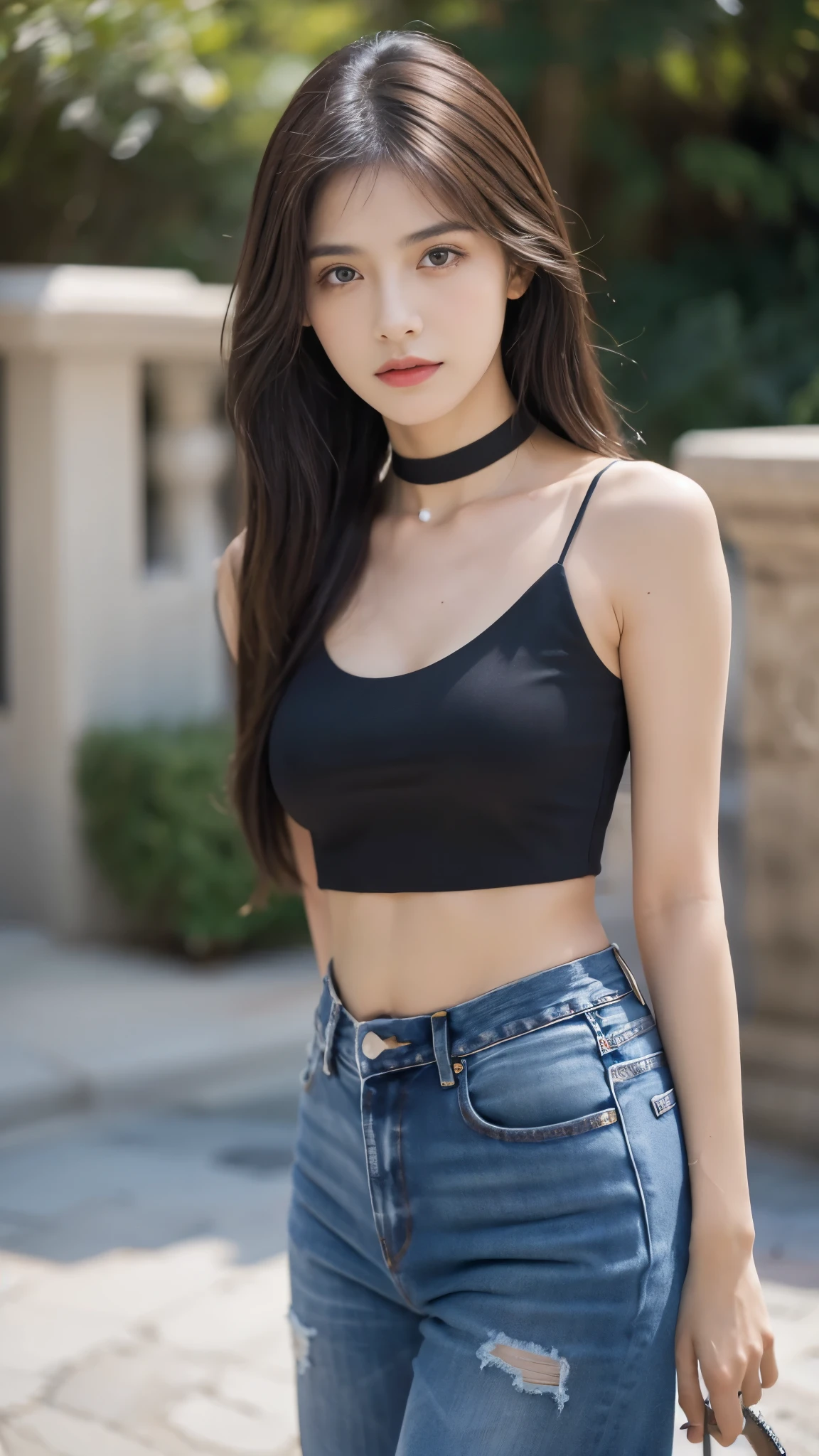 apinkhayoung, urban, streets, (day:1.1), RAW,(8k, best quality, masterpiece:1.2),(intricate details:1.4),(photorealistic:1.4),octane render, complex 3d render ultra detailed, studio soft light, rim light, vibrant details, ultra detailed, realistic skin texture, detailed face, beautiful detailed eyes, extremely detailed CG unity 8k wallpaper, makeup, (detailed background:1.2), (cowboy shot:1.2),(perfect anatomy:1.2),(wide hip:1.1),(black t-shirt, pants, choker, beret:1.2), 