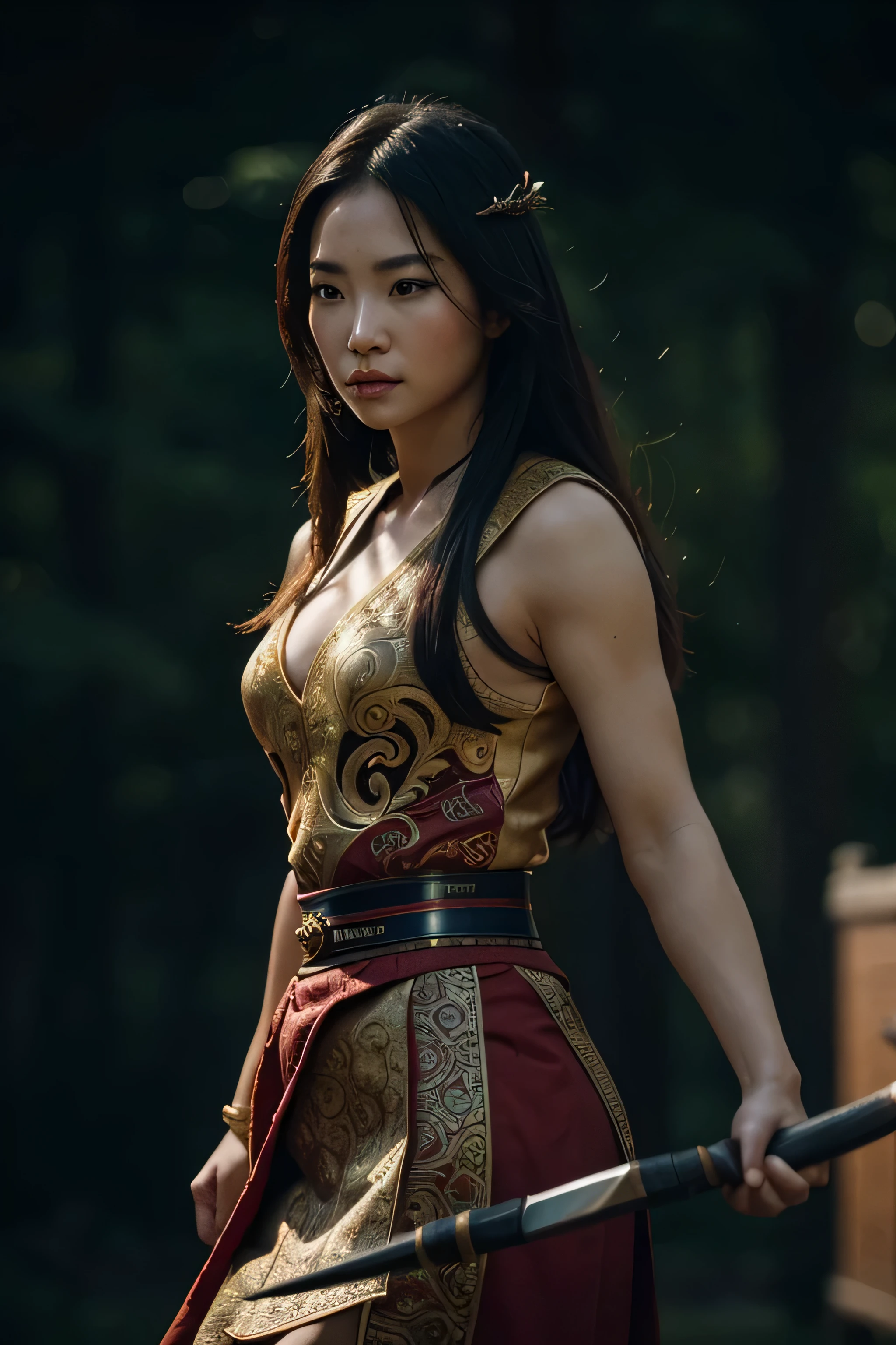 A full body picture of a Female Mulan. a the head of her chinase warrior army. best quality, realistic, photorealistic, (intricate details:1.2), (delicate detailed), (cinematic light), clear line, sharp focus, realistic face, detailed face, unity 8k wallpaper, ultra high res, (photorealistic:1.4), looking at viewer