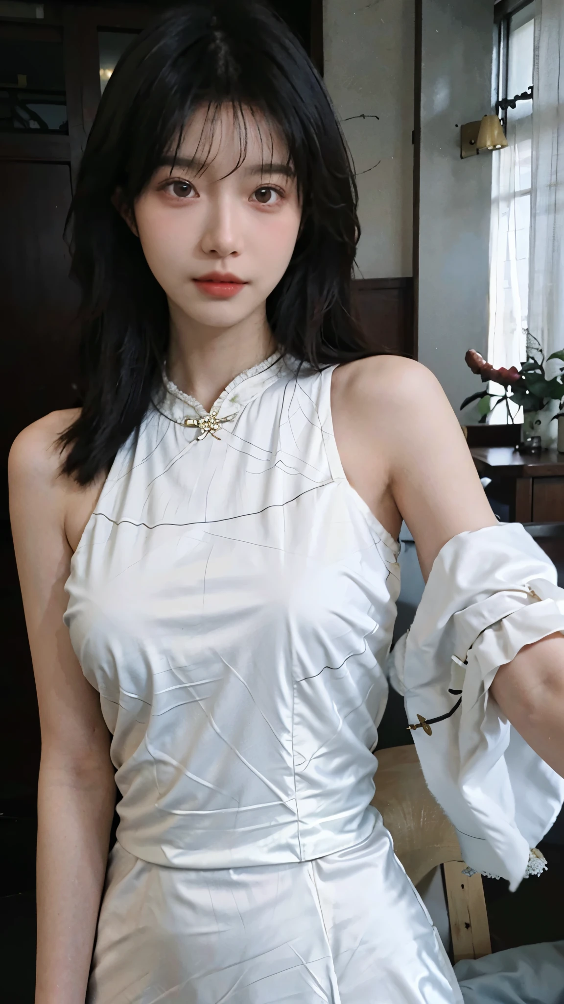 Film portrait photography, 2 girls, 2 girls，twin，bare shoulders, Shoulder length wavy hair, Snow-white cheongsam，Big breasts ，(Realistic and detailed eyes, natural skin texture, Realistic facial details),, depth of field, Bokeh, Vibrant details, Detailed and detailed, Surrealism, 35mm film, hazy, ,Selfie，