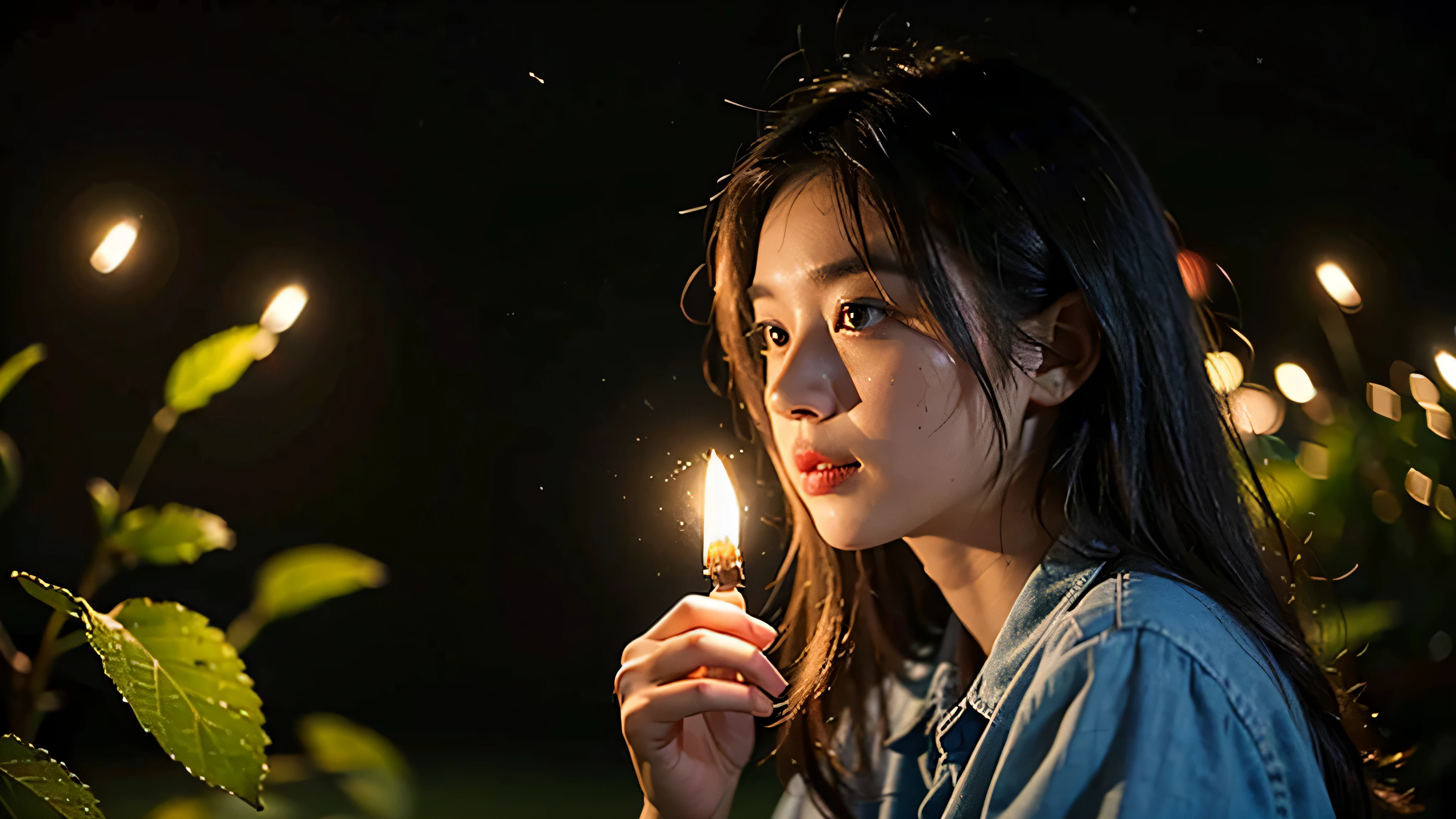 (8k, top quality, masterpiece: 1.2), (realistic, photorealistic: 1.37), super detail, one girl, wide angle of view, firefly garden, lots of small faint light and fireflies flying around, night