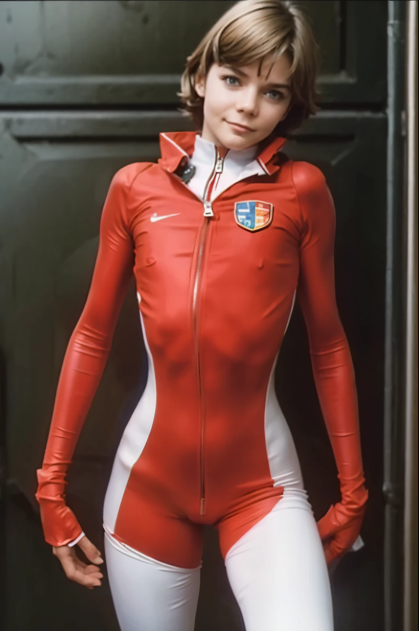 (Masterpiece, Best Quality, Highest Resolution, distinct_image): (Solo, full body figure, small breasts, pilot suit in red and white color, tight fit clothes, clothes covering the whole body, beauty, vivacious, lovely, slim body, exoskeleton, gundam pilot) Alisa Selezneva