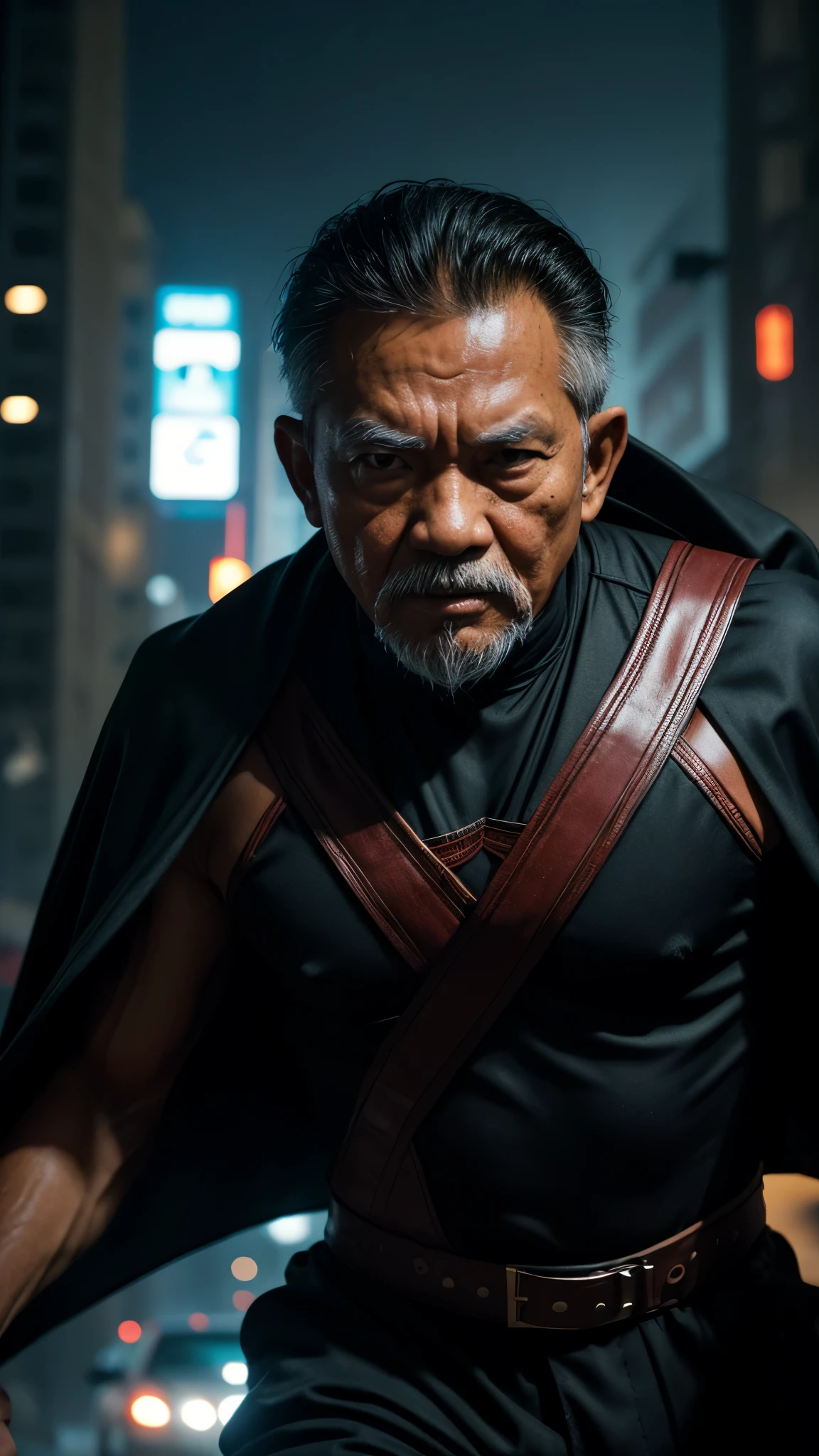 Picture a bustling cityscape where chaos ensues as a villain wreaks havoc. Suddenly, a Malay old man emerges, donning a traditional superhero costume with a modern twist. His cape billows behind him as he soars through the air, ready to confront the villain and protect the city from harm, 28mm lense, extreme close up shot, muted color grading, depth of field cinematography, a thriller film style, high quality, ultra detail, 8k resolution