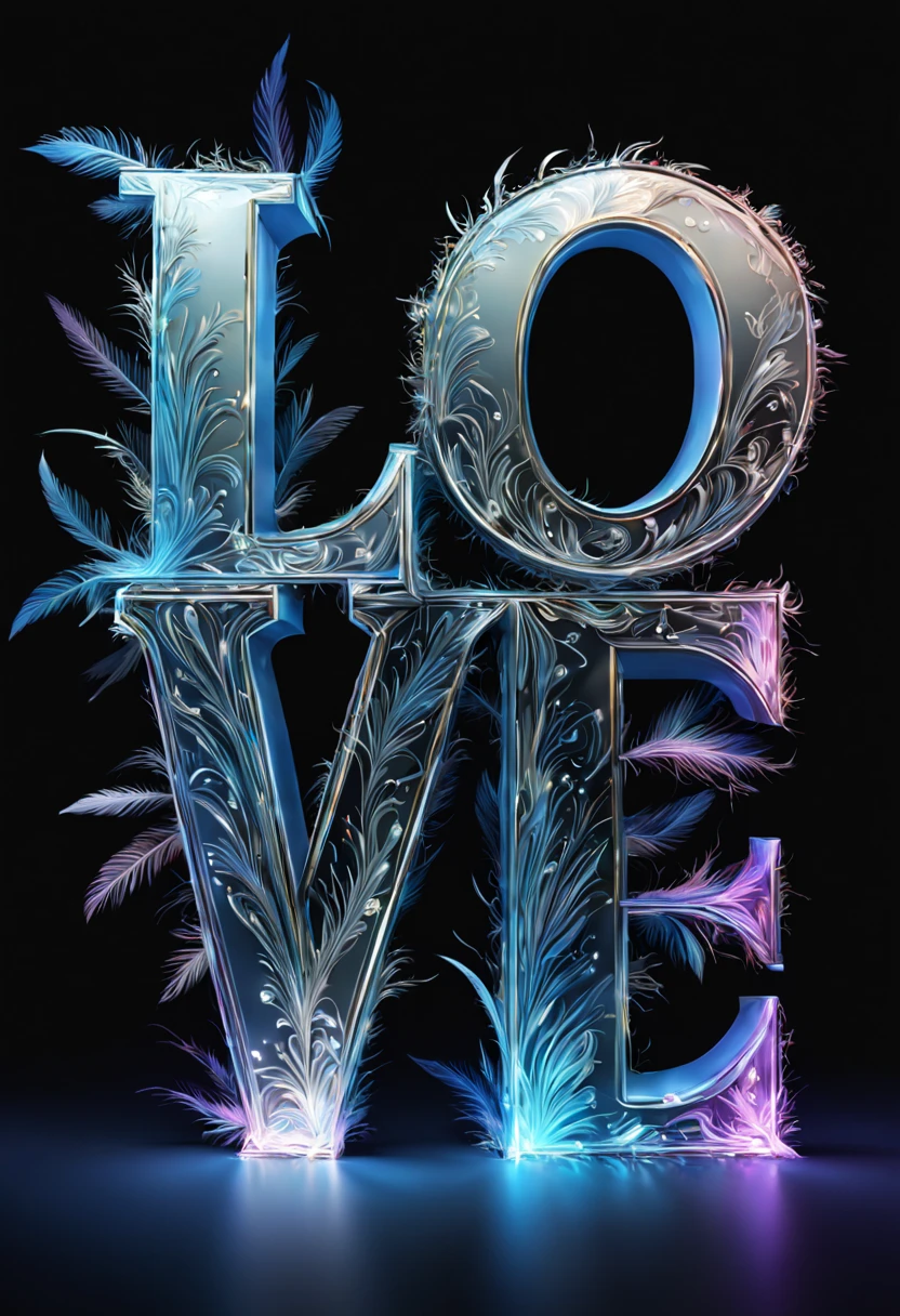  Font design text symbols "love", 创意font设计love, font, Detailed translucent feathers、 Winter theme、Colorful glowing very detailed、abstract background、Tangled and extremely detailed description of intricate details,    masterpiece, beautiful. Realistic best quality photo quality.ultra high definition