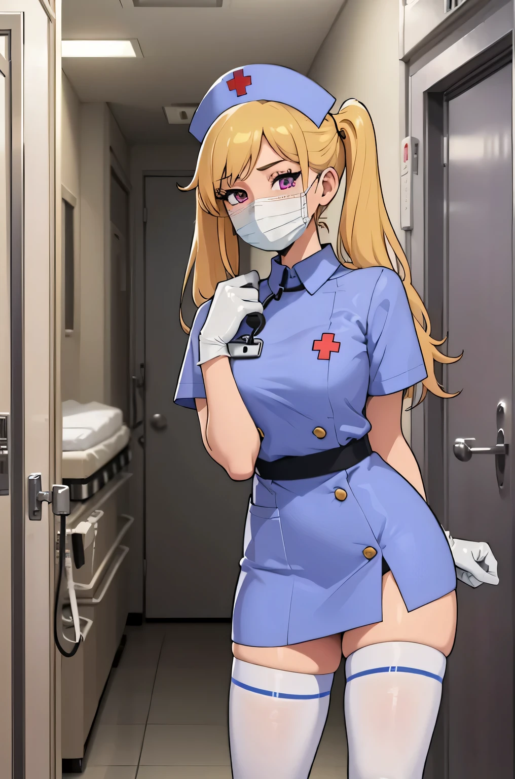 1 girl, alone, nurse, nurse cap, white clothes, ((white legwear, zettai ryouiki)), white gloves, twin tails, yellow hair, purple eyes, ((white surgical mask, covered nose)), Are standing, ((hospital room)), sharp outline, short sleeve, highest quality, masterpiece