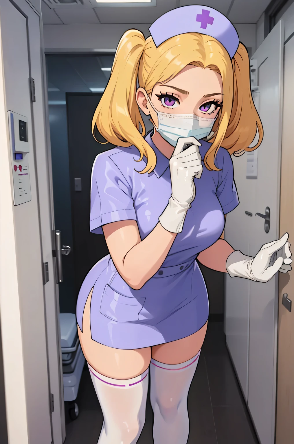 1 girl, alone, nurse, nurse cap, white clothes, ((white legwear, zettai ryouiki)), white gloves, twin tails, yellow hair, purple eyes, ((white surgical mask, covered nose)), Are standing, ((hospital room)), sharp outline, short sleeve, highest quality, masterpiece