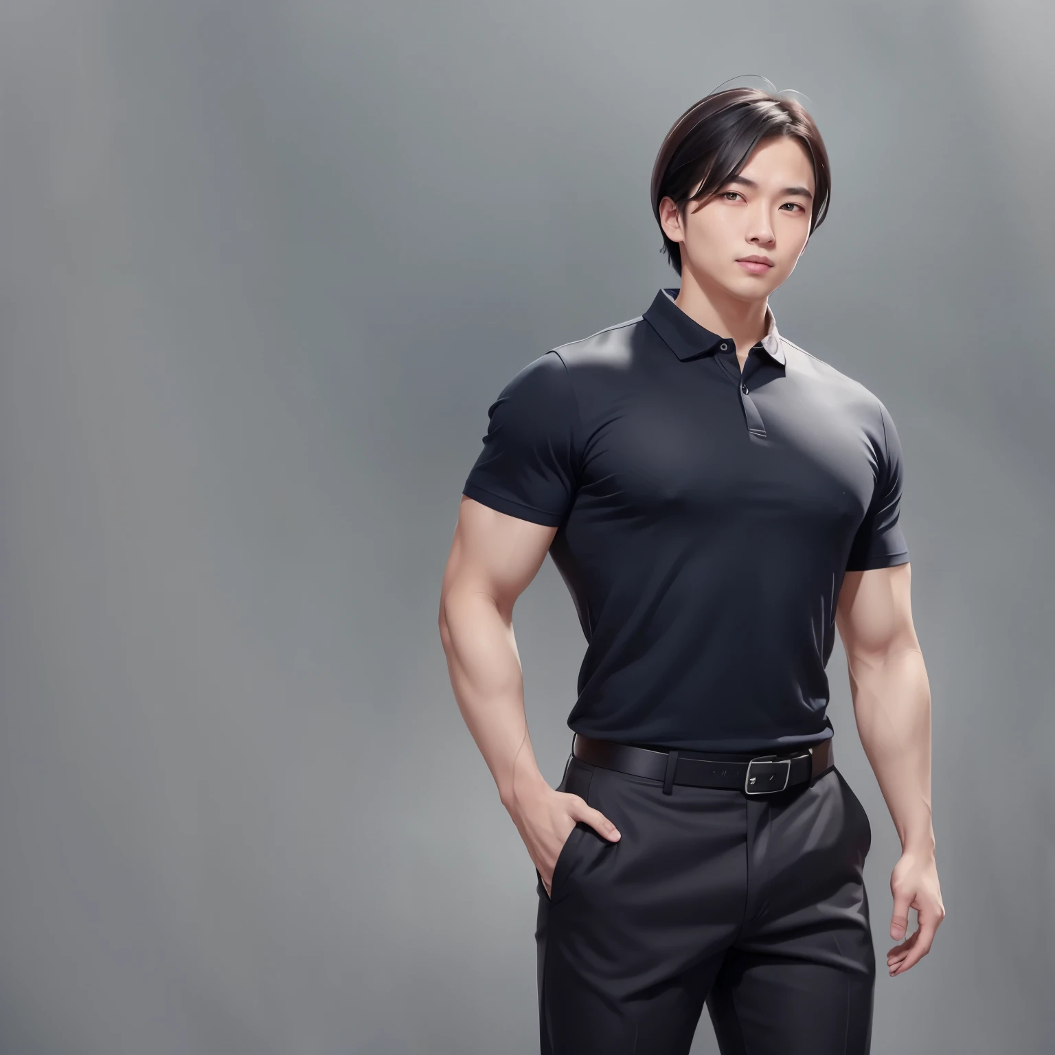 An Asian man with a height of 168 centimeters stands confidently in the frame. He possesses an athletic build, with broad shoulders that hint at his strength. Dressed in a stylish shirt that exudes sophistication, he pairs it with dark navy blue trousers that add a touch of elegance to his overall appearance. His jet-black hair, neatly trimmed to a moderate length, adds a touch of refinement.