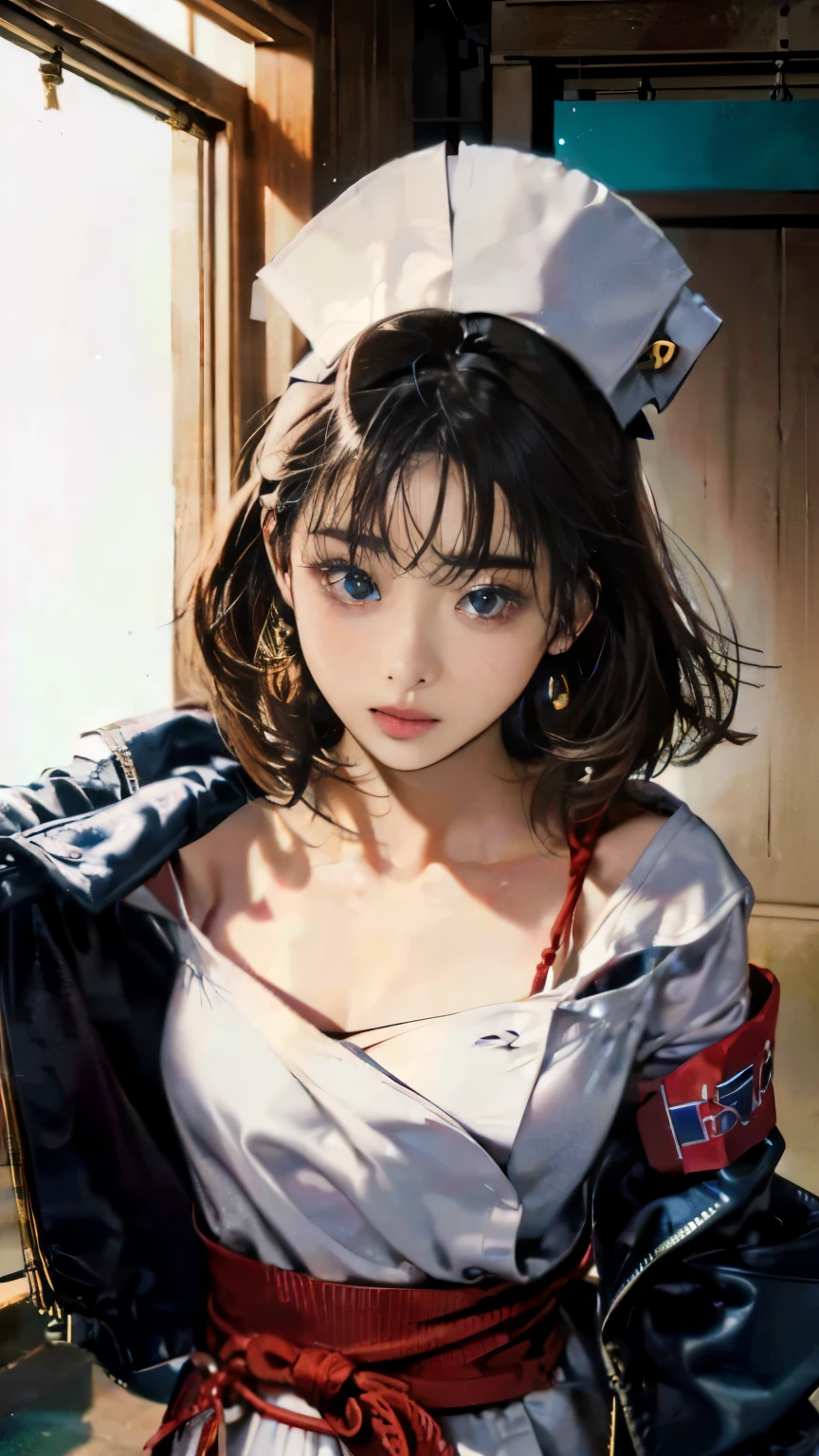 (8K、RAW shooting、highest quality、masterpiece:1.2)、Super detailed、super resolution、(genuine、genuine:1.37)、portrait、High-definition RAW color photo、professional photography、highly detailed face、 highly detailed body、 perfect anatomy、detailed background、(((1人の大人のwoman)))、30歳のwoman、pretty girl、genuineな体つき、small、white skin、glowing skin、because I'thin、black hair、((medium hair))、(neat bangs: 1.4)、cute face、genuine-looking face、delicate eyes、droopy eyes、((nurse station))、((囚われたwoman))、(((Nurse figure)))、(((woman'chest exposed.)))、((woman with legs wide open))、((standing posture))、((rope tied her body))、earrings、necklace、bracelet、((face turned to the side))、((目を閉じて大声であくびをするwoman))、contrapo、dynamic lighting、((firm D cup))、((cleavage))、((big breasts))、((look behind you))、((expression of agony))、