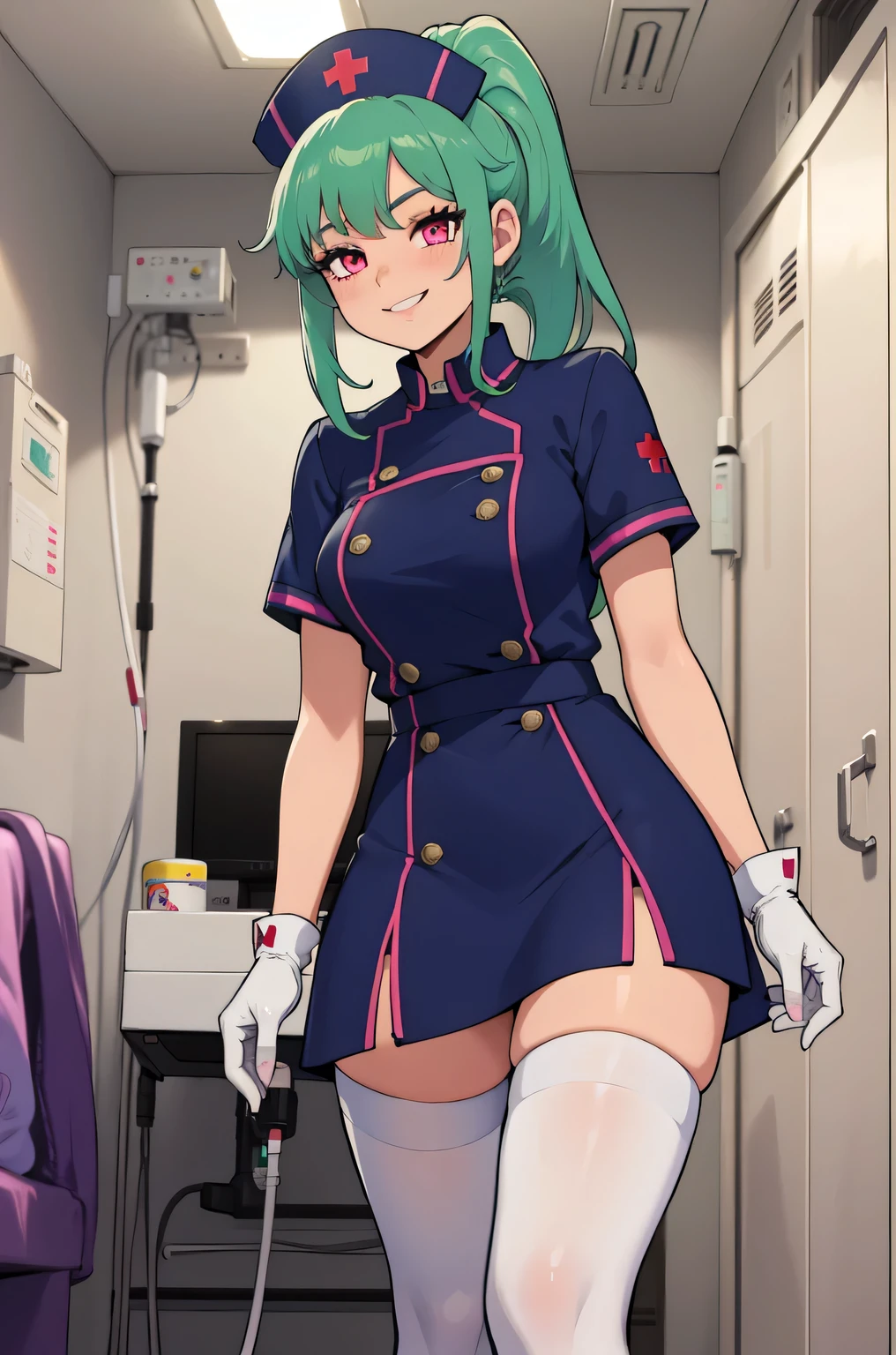 1 girl, alone, nurse, nurse cap, white clothes, ((white legwear, zettai ryouiki)), white gloves, ponytail, green hair, pink eyes, smile, Are standing, ((hospital room)), sharp outline, short sleeve, highest quality, masterpiece