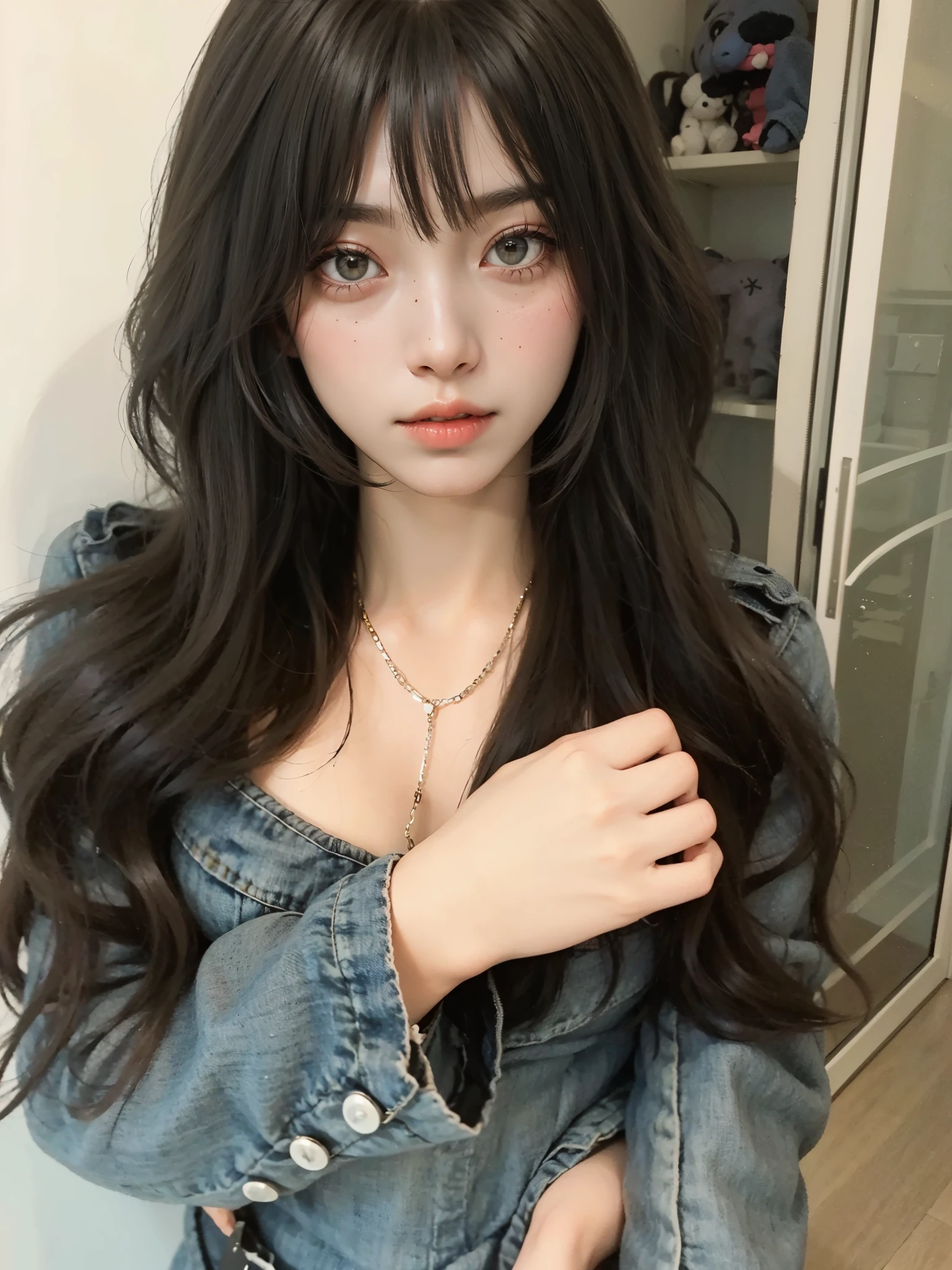 um close de uma mulher com cabelos longos vestindo uma jaqueta jeans, Ulzzang, long hair Com franja, coreana, cabelo longo com franja completa, young pale and beautiful asian face, garota cara fofa, Lalisa Manobal, Asian with long hair, she has black hair Com franja, long dark hair Com franja, Com franja
