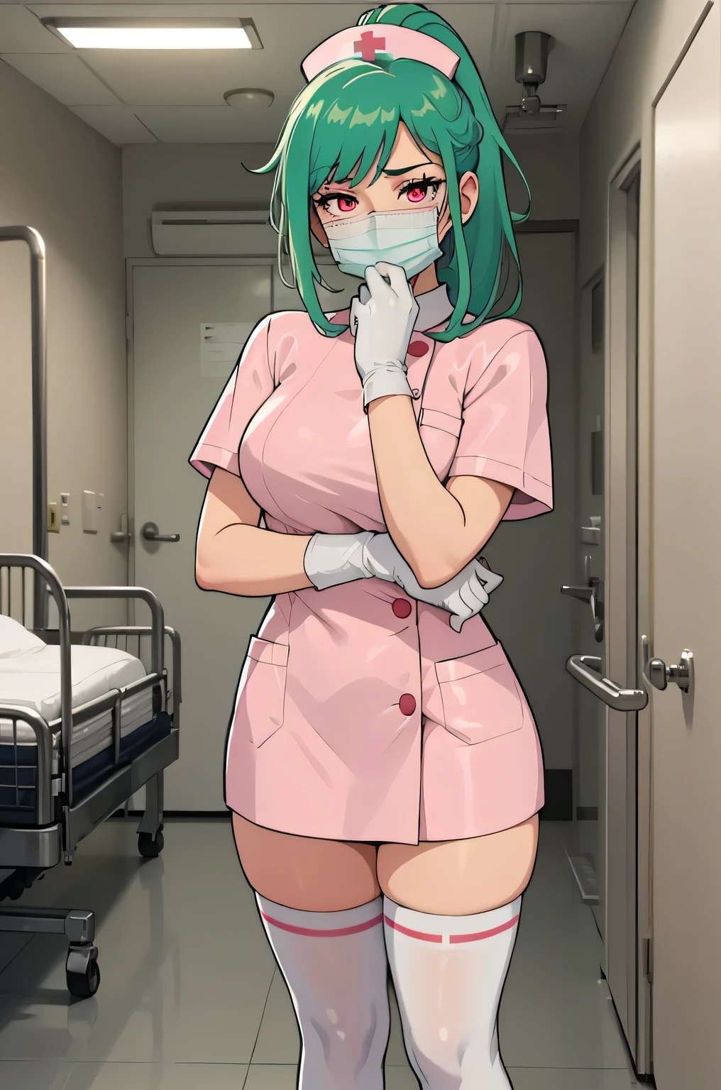 1 girl, alone, nurse, nurse cap, white clothes, ((white legwear, zettai ryouiki)), white gloves, ponytail, green hair, pink eyes, ((white surgical mask, covered nose)), Are standing, ((hospital room)), sharp outline, short sleeve, highest quality, masterpiece