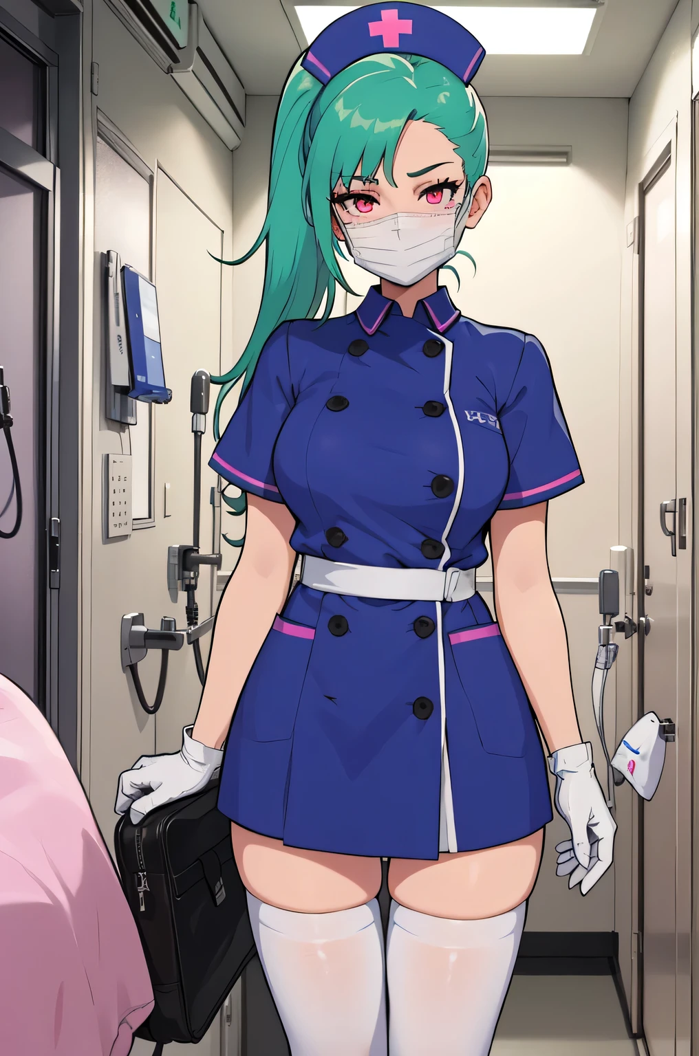 1 girl, alone, nurse, nurse cap, white clothes, ((white legwear, zettai ryouiki)), white gloves, ponytail, green hair, pink eyes, ((white surgical mask, covered nose)), Are standing, ((hospital room)), sharp outline, short sleeve, highest quality, masterpiece