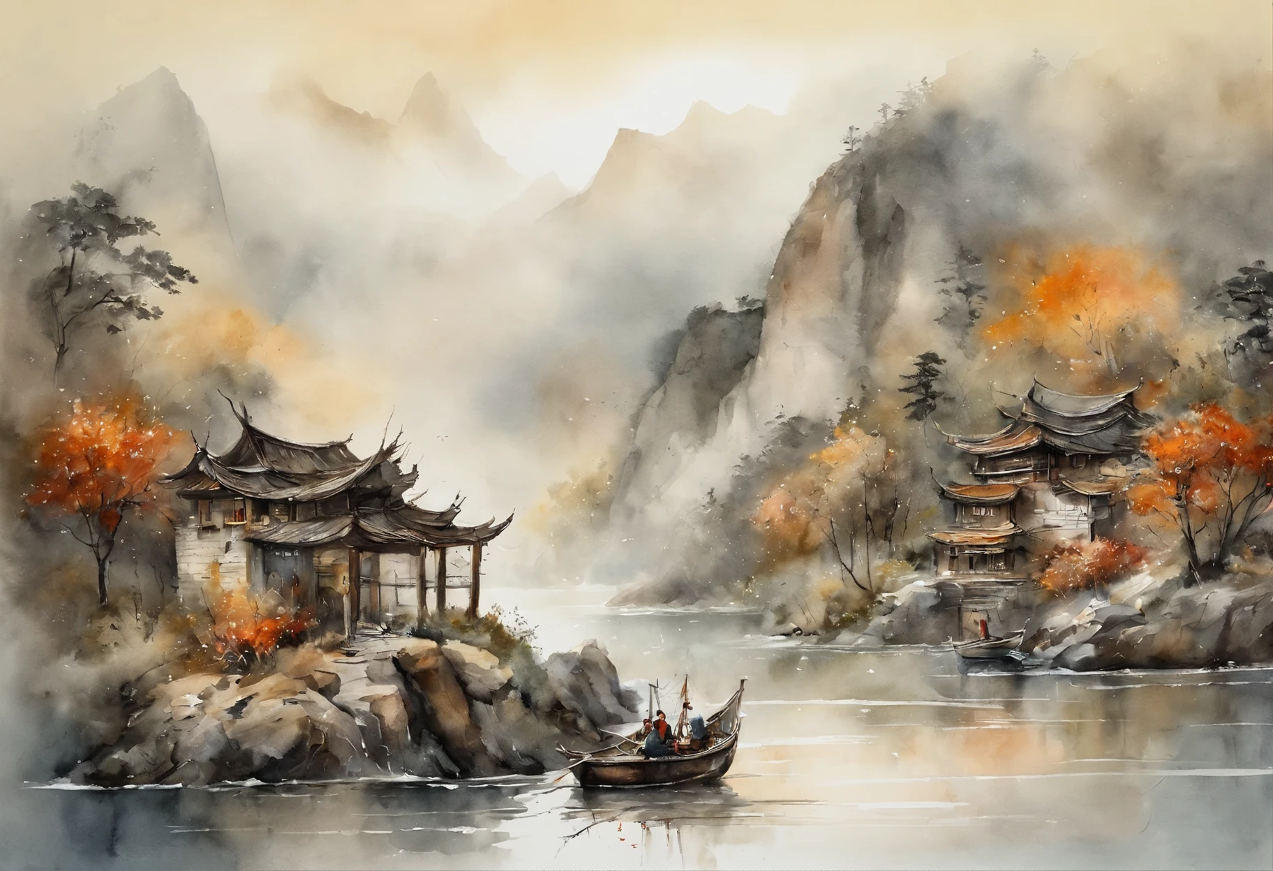 Na pintura de paisagem chinesa em um luar estrelado、Use estilos de tinta e aquarela、Produzimos na tela incorporando tinta、Portray detailed landscapes from a distance for an ultra-wide perspective.。Um barco leve flutua ao longe、Manchado aquele detalhe meticuloso、Beautifully rendered in low-saturation, low-contrast tones。Barco leve pelas Dez Mil Montanhas、It's made like a masterpiece,With beautiful details and precision。This work is T's masterpiece、"Amaterasu"It will also produce the following elements。