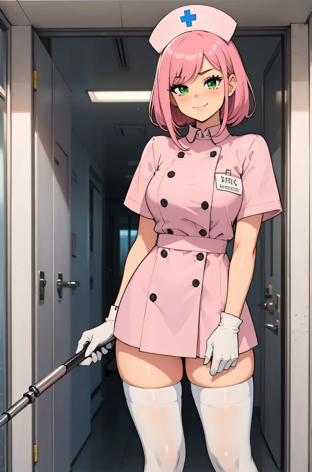 1 girl, alone, nurse, nurse cap, white clothes, ((white legwear, zettai ryouiki)), white gloves, pink hair, green eyes, droopy eyes, smile, Are standing, ((hospital room)), sharp outline, short sleeve, highest quality, masterpiece