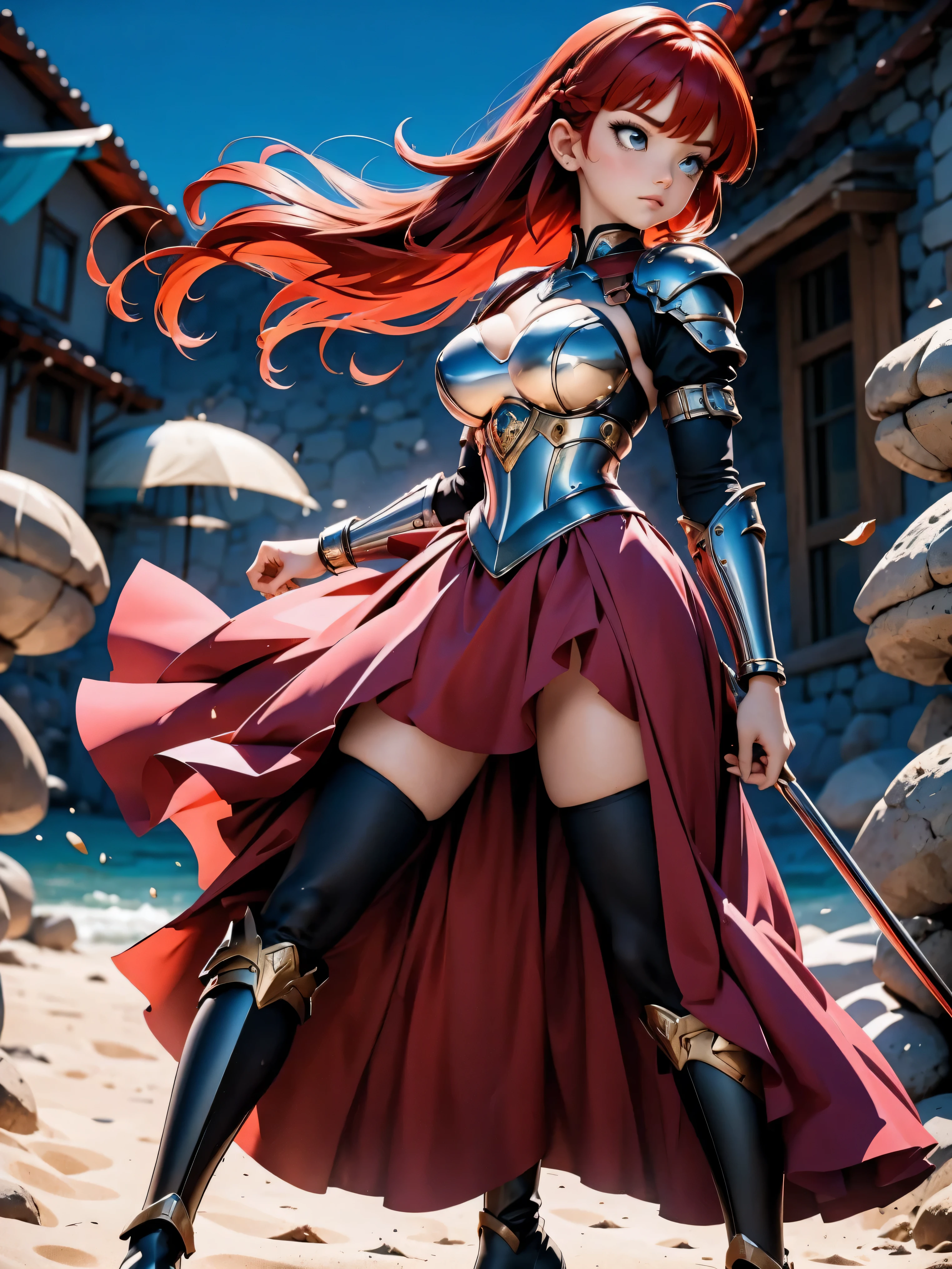 Garota anime ruiva com armadura metalica vermelha, , corpo bonito, seios grandes, postura de luta, postura de combate, garota sexy, red hair with braid, beautiful lighting, sombras suaves, olhos azuis, pernas bonitas, hair with braid, estilo anime, Ranma Chan, Autora Rumiko Takahashi, Baseado em obra de Rumiko Takahashi, Anime Ranma 1/ 2, decote sexy, quadril robusto, corpo inteiro, corpo completo, busto grande, garota jovem com corpo belo e bonito, garota 16 anosbaixa estatura, vestido armadura metalica vermelha, garota anime, estilo anime, red hair with braid, luz bonita, armadura metalica reluzente, corpo completo, black boots on feet, red hair braid
