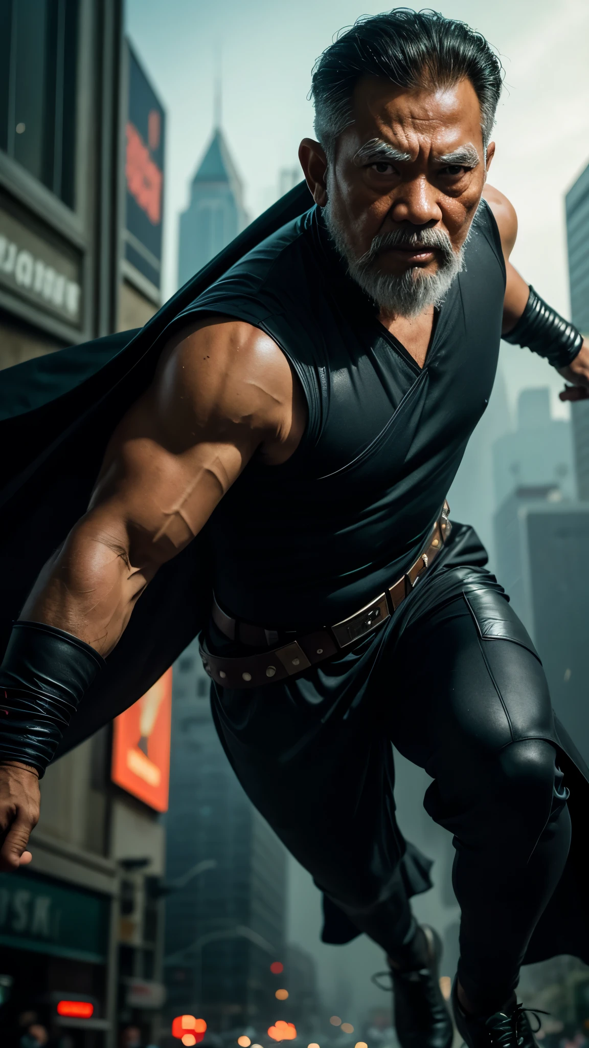 Picture a bustling cityscape where chaos ensues as a villain wreaks havoc. Suddenly, a Malay old man emerges, donning a traditional superhero costume with a modern twist. His cape billows behind him as he soars through the air, ready to confront the villain and protect the city from harm, 28mm lense, extreme close up shot, muted color grading, depth of field cinematography, a thriller film style, high quality, ultra detail, 8k resolution