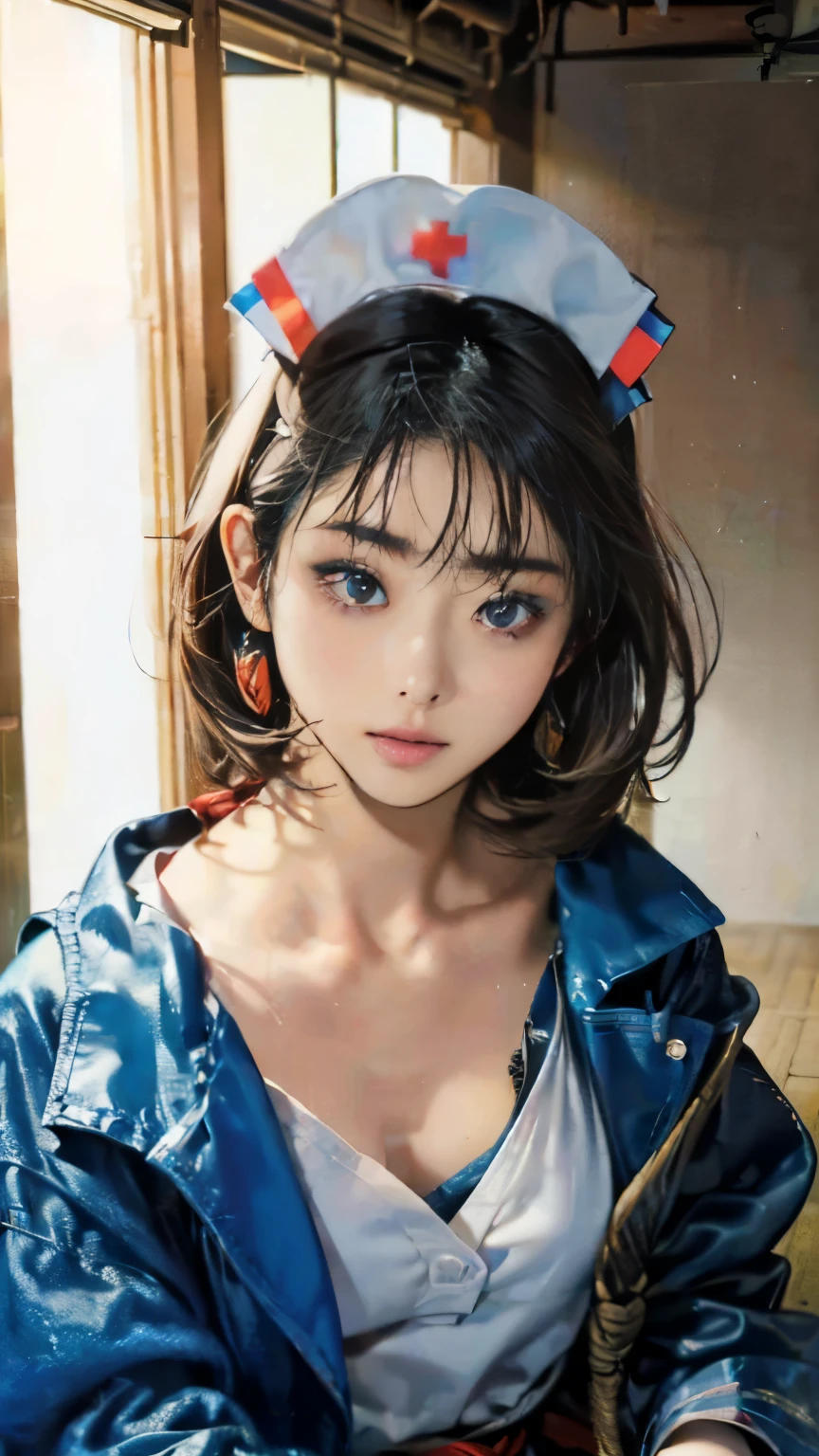 (8K、RAW shooting、highest quality、masterpiece:1.2)、Super detailed、super resolution、(genuine、genuine:1.37)、portrait、High-definition RAW color photo、professional photography、highly detailed face、 highly detailed body、 perfect anatomy、detailed background、(((1人の大人のwoman)))、30歳のwoman、pretty girl、genuineな体つき、small、white skin、glowing skin、because I&#39;thin、black hair、((medium hair))、(neat bangs: 1.4)、cute face、genuine-looking face、delicate eyes、droopy eyes、((nurse station))、((囚われたwoman))、(((Nurse figure)))、(((woman&#39;chest exposed.)))、((woman with legs wide open))、((standing posture))、((rope tied her body))、earrings、necklace、bracelet、((face turned to the side))、((目を閉じて大声であくびをするwoman))、contrapo、dynamic lighting、((firm D cup))、((cleavage))、((big breasts))、((look behind you))、((expression of agony))、