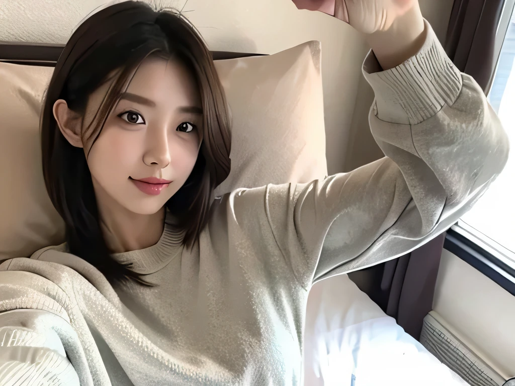woman、Upper body、long sleeve、selfie、on the bed、underwear