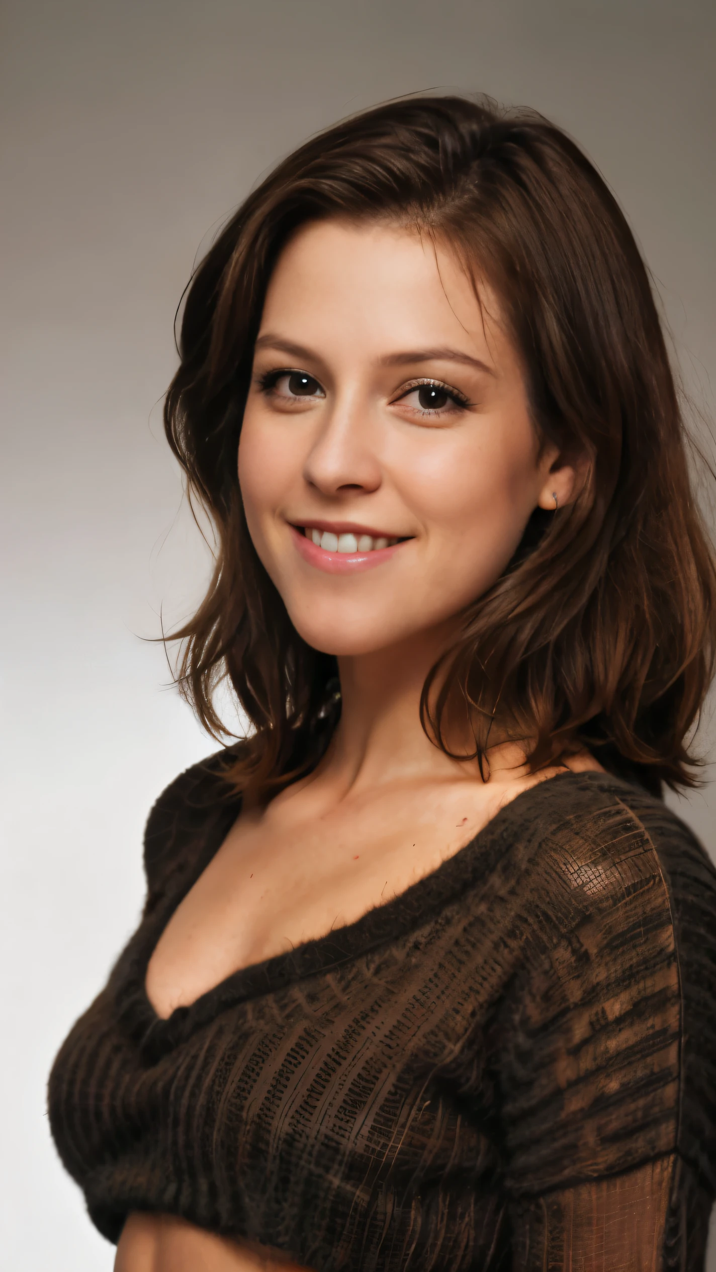  Portrait photo of (sw1) woman with brown short staright hair, Detailed face, (perfect eyes), (highly detailed skin:1.1), perfect body, smiling, teeth, gummy smile , (( crop top sweater )), cleavage , midriff, upper body, small breasts, Professional Photography, soft lighting, PHOTOREALISTIC, Realistic, standing in a dark studio background, blurred background, volumetric fog, RAW, analog style, sharp focus, 8k, HD, DSLR, high quality, Fujifilm XT3, film grain, award winning, masterpiece,