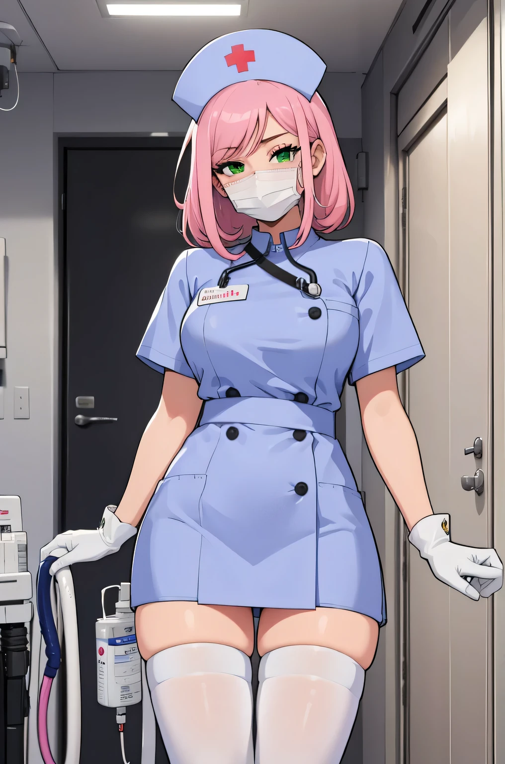 1 girl, alone, nurse, nurse cap, white clothes, ((white legwear, zettai ryouiki)), white gloves, pink hair, green eyes, droopy eyes, ((white surgical mask, covered nose)), Are standing, ((hospital room)), sharp outline, short sleeve, highest quality, masterpiece