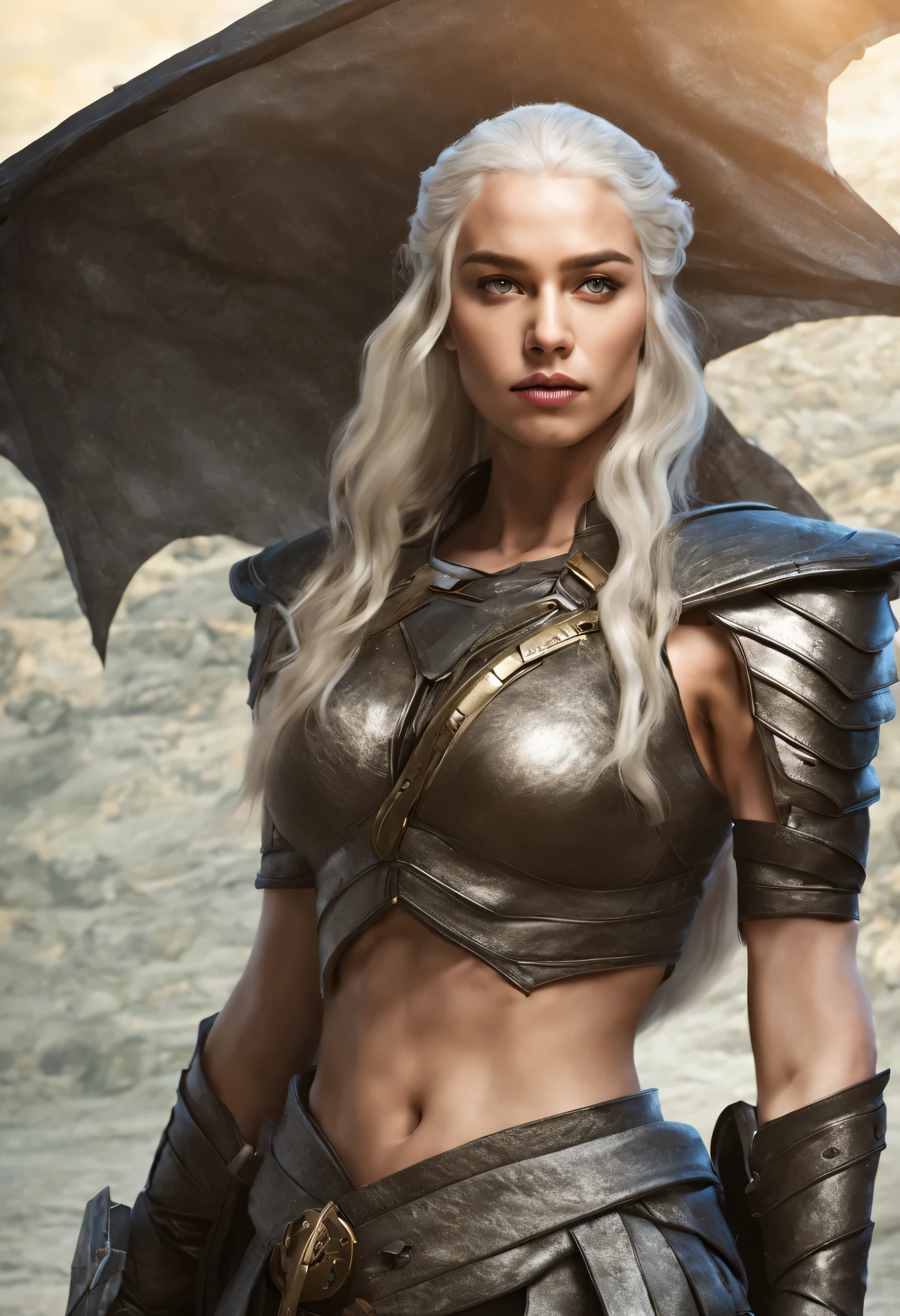 Please create an ultra-realistic 8K image of Daenerys Targaryen, the Mother of Dragons, depicted as a captivating assassin with long silver hair, piercing green eyes, and fair skin. She possesses a toned and seductive body, emphasizing her allure (Big Tits: 1.5). Daenerys is portrayed wielding two meticulously crafted daggers, their sinuous blades gleaming with deadly intent. Dressed in form-fitting black leather attire that accentuates her curves, she strikes a confident and seductive pose, her daggers ready for action. With a serious and determined expression, she gazes intently at her next target, illuminated by the soft moonlight which highlights every detail of her face. This image aims to capture the essence of physical perfection, strength, and mystery that defines Daenerys Targaryen as an unforgettable figure.