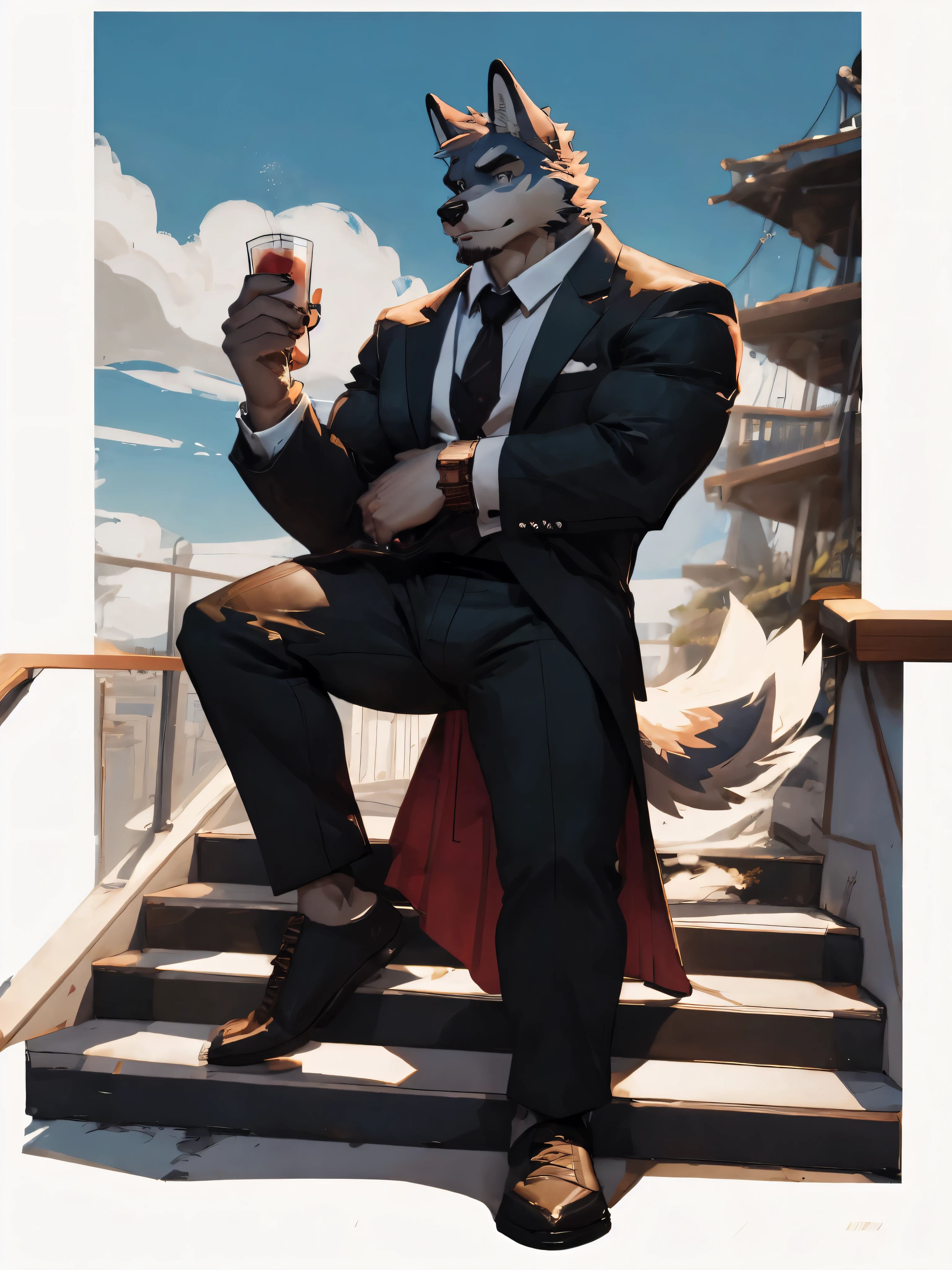 Male wolf and fox hybrid orc,45岁uncle pictures,外表uncle pictures、charming、charm、calm、company。The body muscles are very developed and huge,There are big bags,Coat color is white and sky blue。wearing formal clothes。The scene is a modern park at night。action of sitting on stairs。The background color is cooler。(personal),(masterpiece),(Very detailed),(high quality),(No sensitive scenes),(uncle pictures),8k。