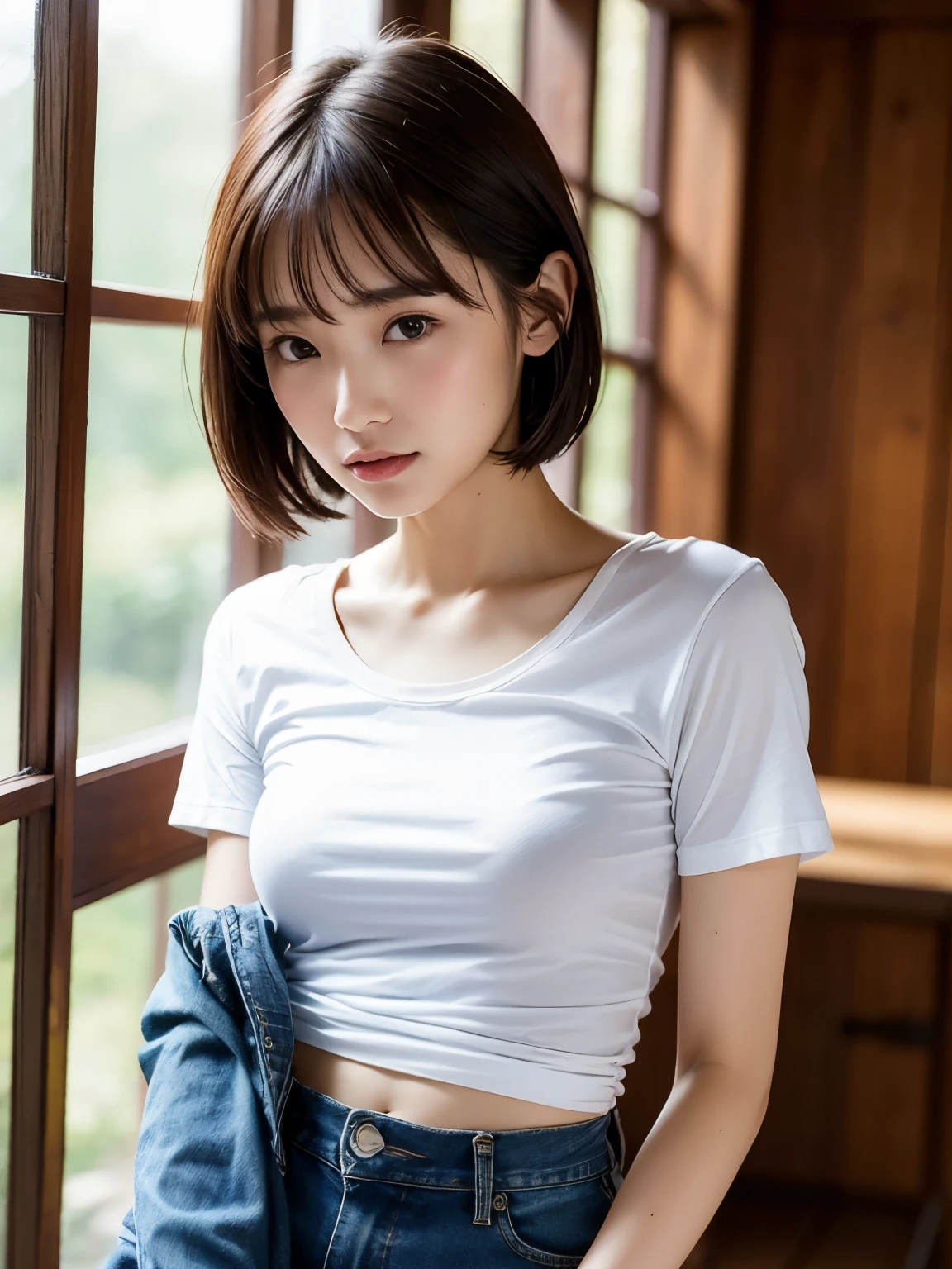 top-quality,.masterpiece,Raw photography,8K,Top image quality,Top resolution,Beautiful face in every detail,Very detailed,Gentle expression,One lady,realisitic,photo realisitic,Bery short hair,Beautuful Women,cute Japanese girls,mannish,Pretty Woman,Her eyes are big,20-year-old beauty,her face is small,small head,long neck,pale skin,With bangs,eight heads tall,Sweat , wet,face focus , from behind , looking back , skinny body ,t-shirts , ((shirt lift,jeans ,low rise pants)) ,back focus ,put one's hand inside her jeans,