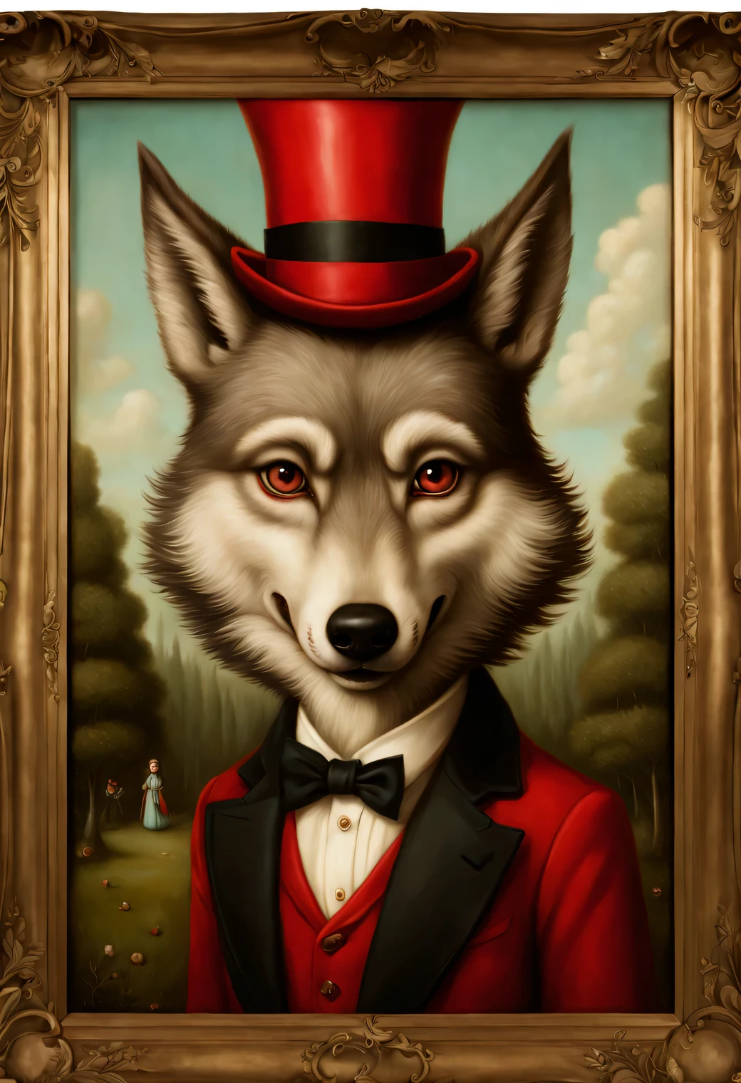 Painting by artist Mark Ryden depicts an anthropomorphic wolf gentleman, who came to visit the girl Little Red Riding Hood with secret intentions., Full compliance with Mark Ryden&#39;s style, High detail, 8K