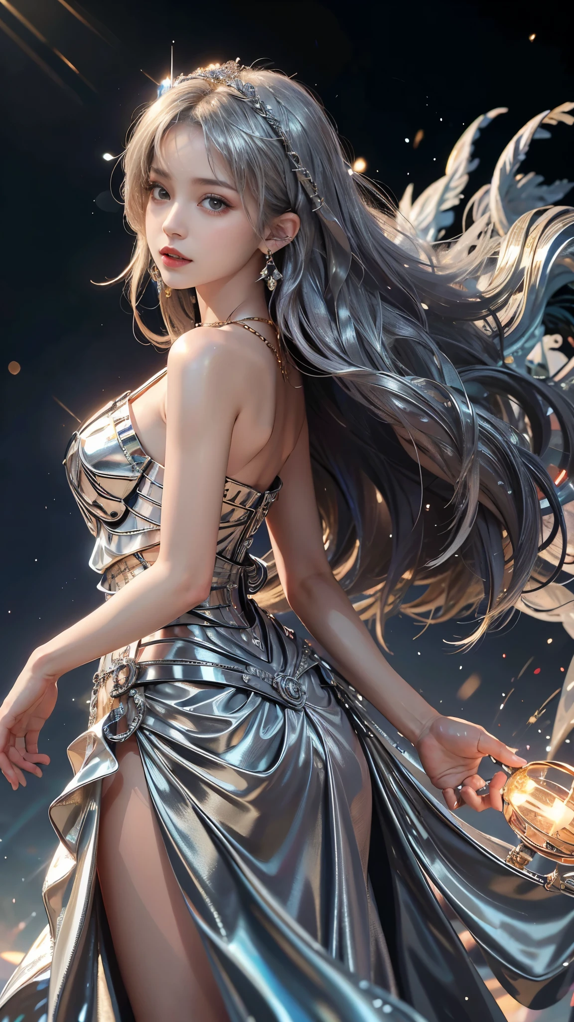 8K, ultra HD, masterpiece, 1 girl, good face, very long hair, spreading hair, Realistic eyes, silver dress, (metallic dress:1.5), (bare waist:1.5), strap dress, magical lights, night light, perfect body,