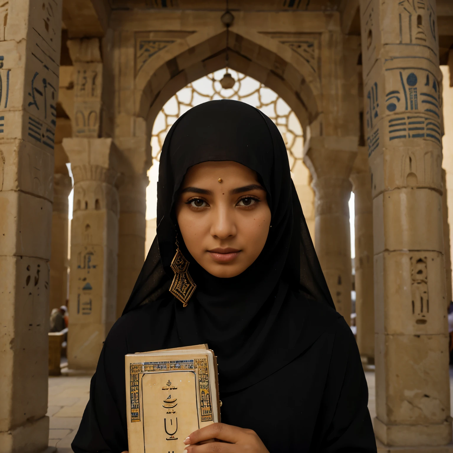 Close up photo of a high-resolution of a moslem lady wearing the popular clothes and holding quran. written with the light strip " Ramdhan Mubarak" Behind him is a beautiful Egyptian mosque, and the image embodies the beauty, heritage and culture of Egypt. Ancient, Egyptian temple, adorned with hieroglyphs, photorealistic