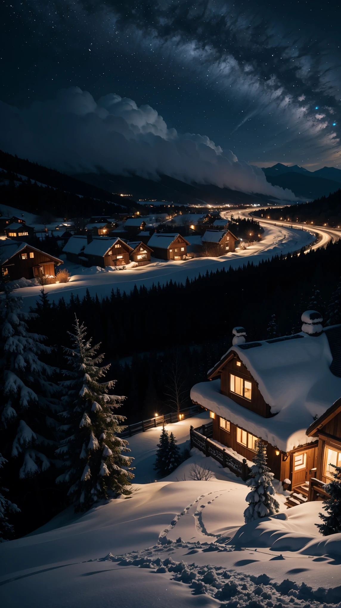 4K UHD photo of a snowy scenery at night, snowstorm, houses in a valley, masterpiece, best quality, highly detailed