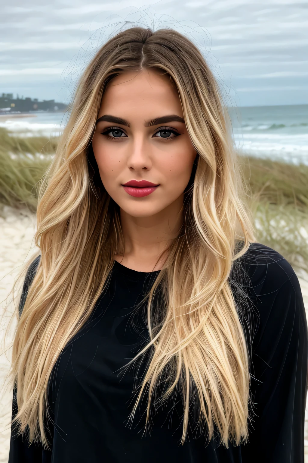 best quality,4K,8 Tausend,High Resolution,Meisterwerk:1.2,ultradetailliert,Realistisch,photoRealistisch:1.37, 23 Jahre alt, blond, detaillierte Augen,Detaillierte Lippen, schwerer Eyeliner,dicke dunkle Augenbrauen,blutroter Lippenstift, konturiertes Gesicht, beeindruckende Make-up-Technik, besondere Merkmale,beautiful supernatural, blond hair, Hellbraune Wurzeln, extra langes Haar, Sehr langes Haar, wirklich lange Haare, am Strand