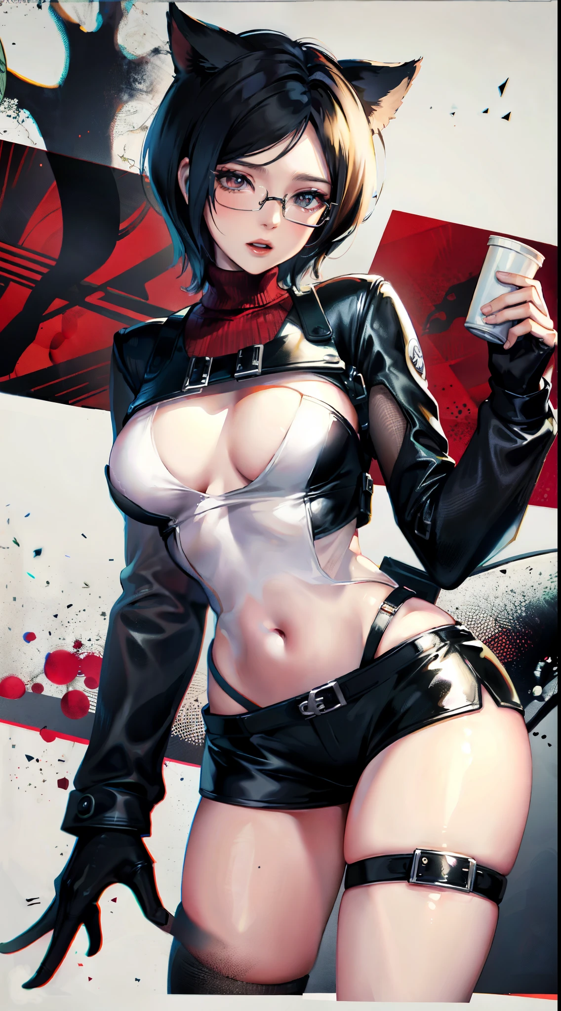 RE4Ada,Fleshy thighs,Poster publicity style,poster background,C cup,wears glasses,Ultra shorts,milk tea, cats,