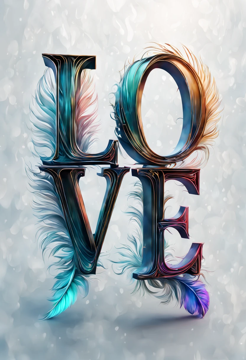  Font design text symbols "love", 创意font设计love, font, Detailed translucent feathers、 Winter theme、Colorful glowing very detailed、abstract background、Tangled and extremely detailed description of intricate details,    masterpiece, beautiful. Realistic best quality photo quality.ultra high definition