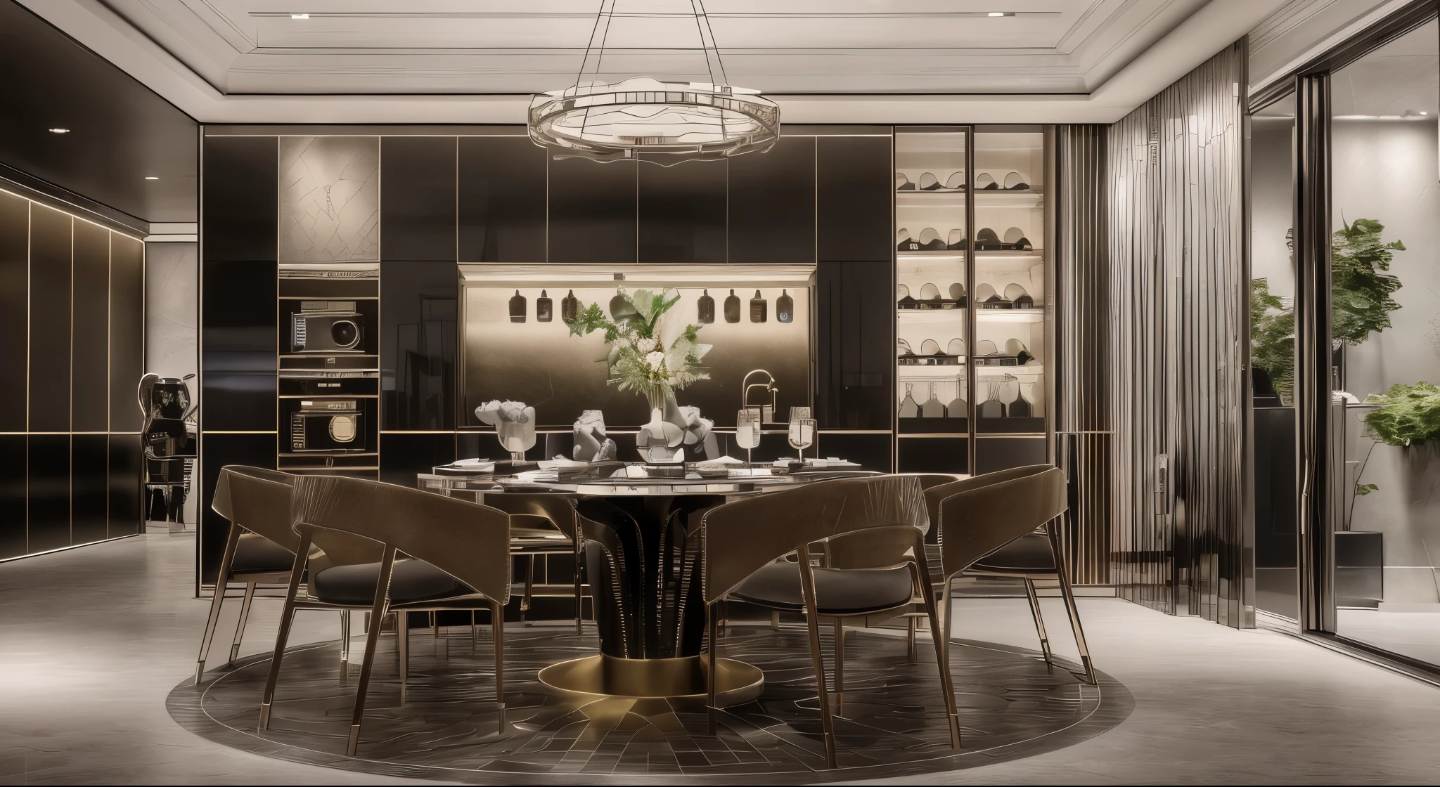 Restaurant photography, open kitchen, Entrance to the house, KAWS sculpture, Wine cooler, exquisite, precise, Detailed picture, Light luxury design, Fujicolor, wide shot, panorama, f/16, Canon, Sony FE GM, award winning, award winning, best quality, super detail, masterpiece, UHD, ccurate, HD