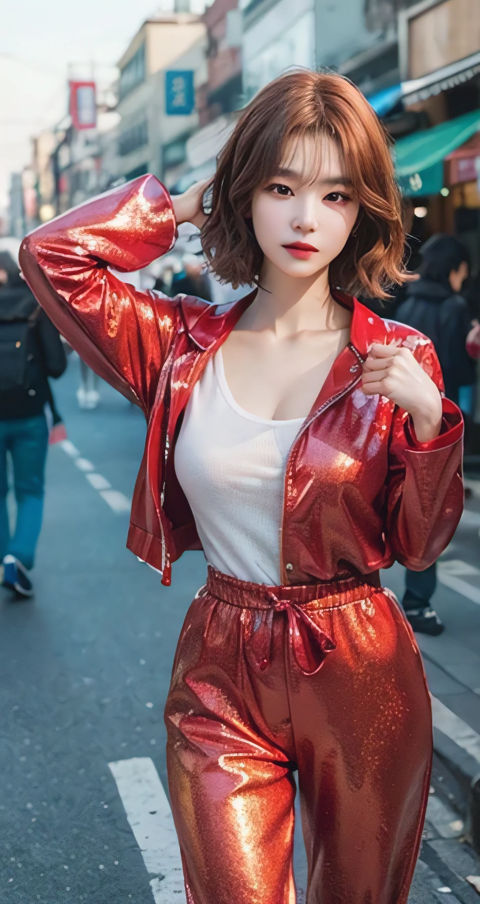 Best Quality Detail:1.2, realisitic, 8K UHD, hight resolution, 1girl in:1.2, The ultra-detailliert, High quality textures, intricate detailes, detaileds, Very detailed CG, High quality shadows, Detail Beautiful delicate face, Detail Beautiful delicate eyes, depth of fields, Ray traching, masterpiece, best quality,ulzzang -6500-v1.1:0.6, pureerosface_v1, Pretty korean Girl, Korean Urzan Face:1.1, milf, 28 year old woman,short neon orange hair,shiny_skin,thin_waist,gigantic breasts,wearing red pajamas with black jacket outer, 4K, 8K UHD Full Color RAW Photos, Fuji Film(Medium format:1.2), Hasselblad:1.2, Carl zeiss:1.1, Incredible dynamic range photography(UTIL_Art by Smoose-768:1.1), hight resolution, High pixel count, clear details, crisp image, Natural color reproduction, Noise Reduction, High fidelity, qulity, Software Improvements, Upscaling, Optimized algorithms, Pro-level retouching,crowd:1.1,depth of field,looking at viewer,random pose walking at the Daegu street market background,random sexy pose walking at the Daegu street market